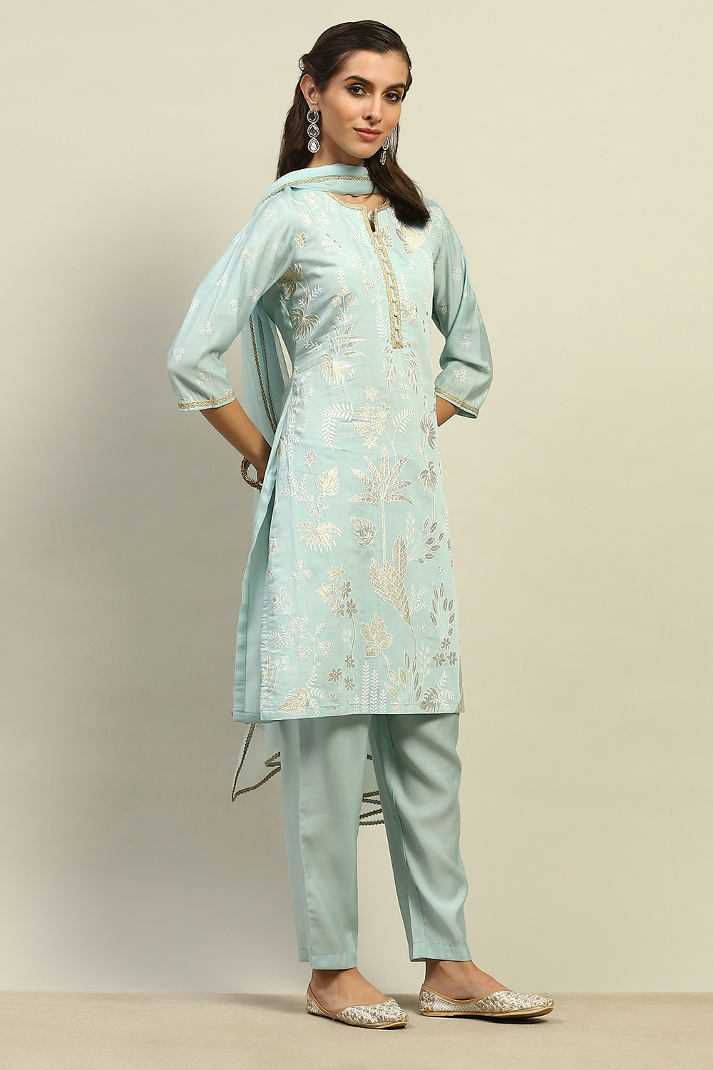 Blue Viscose Muslin Straight Printed Kurta Palazzo Suit Set image number 4