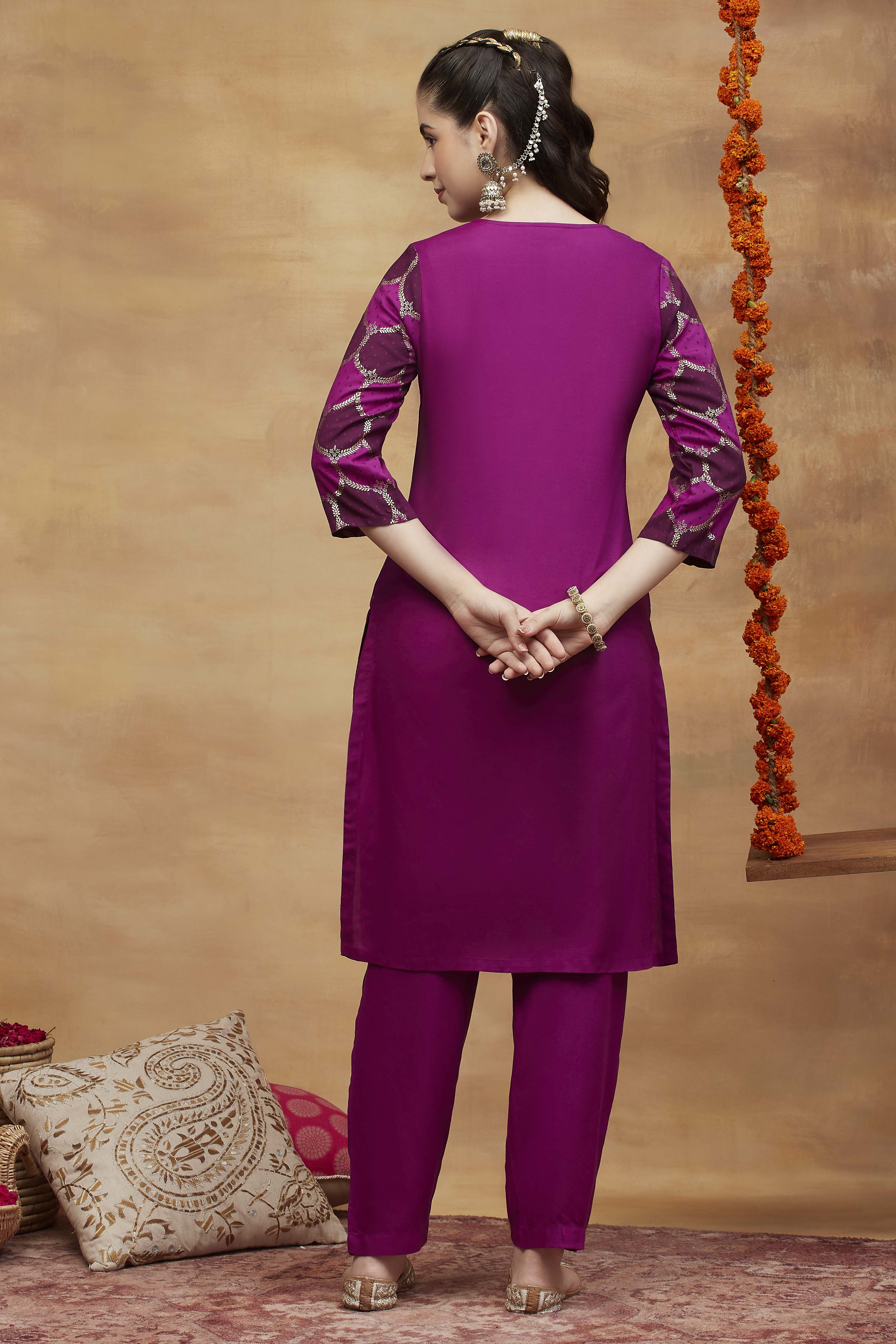 Purple Viscose Rayon Straight Printed Suit Set image number 5
