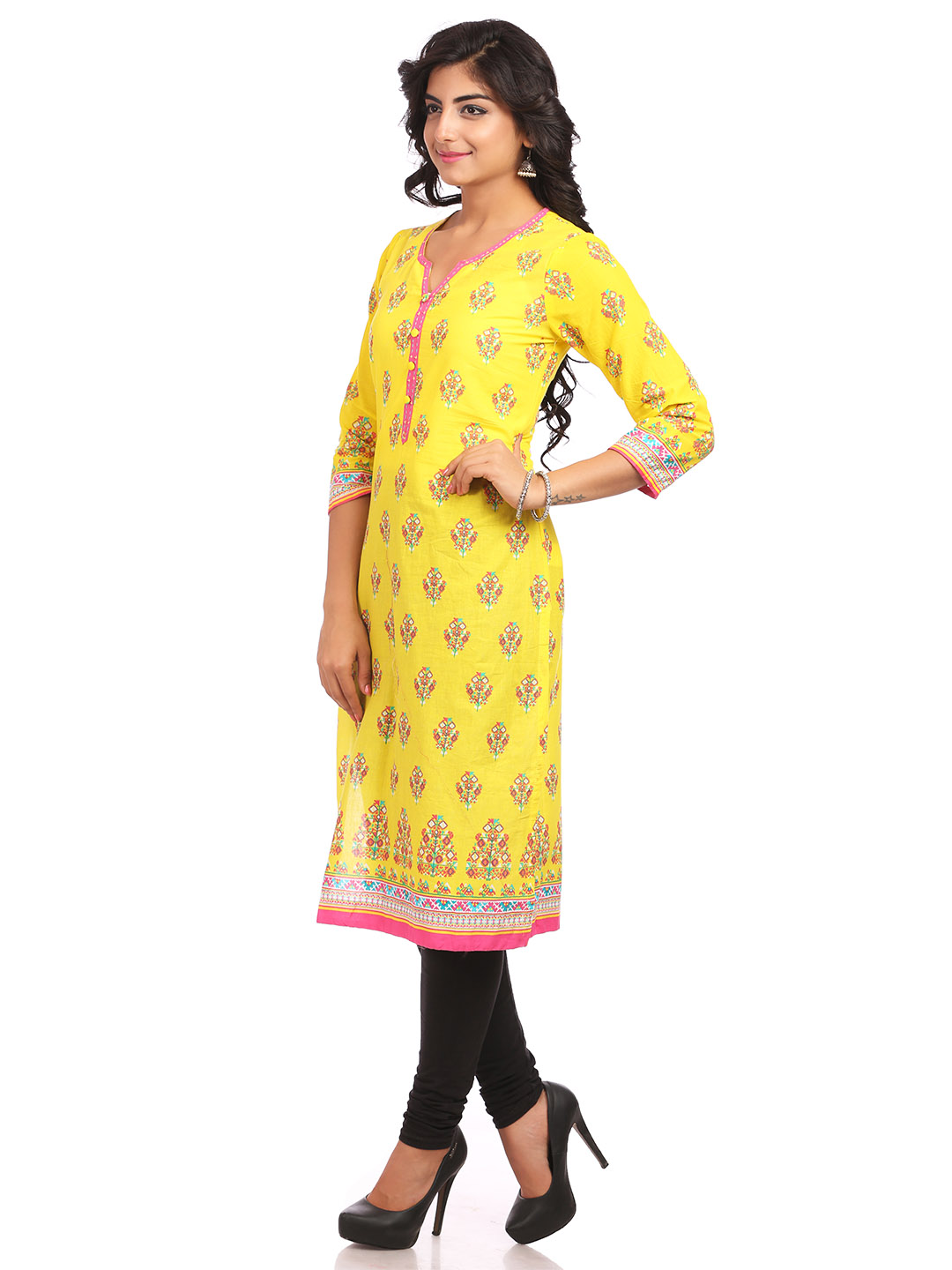 Yellow Straight Cotton Kurta image number 3