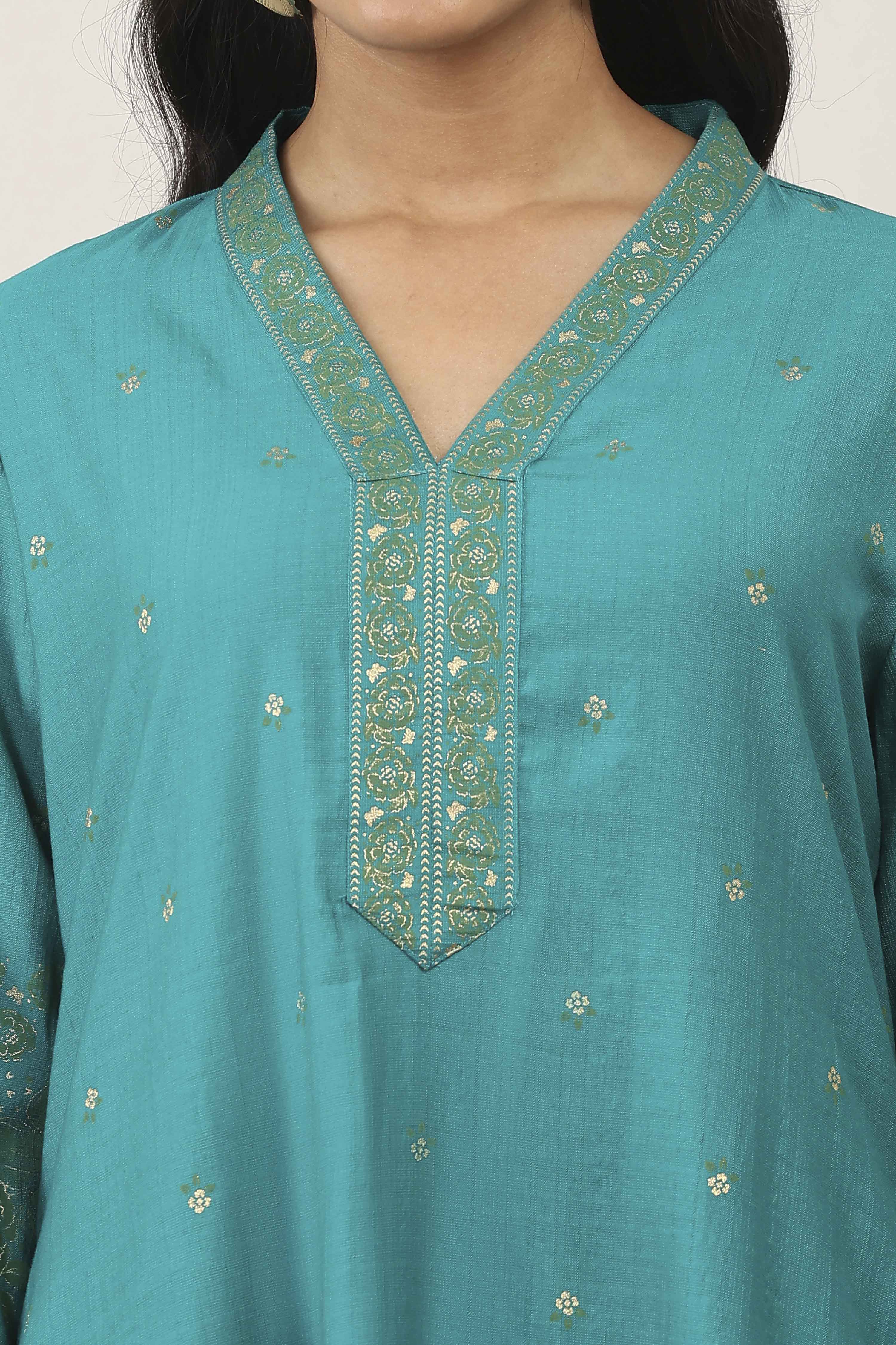 Green Viscose Polyester Straight Suit Sets image number 1