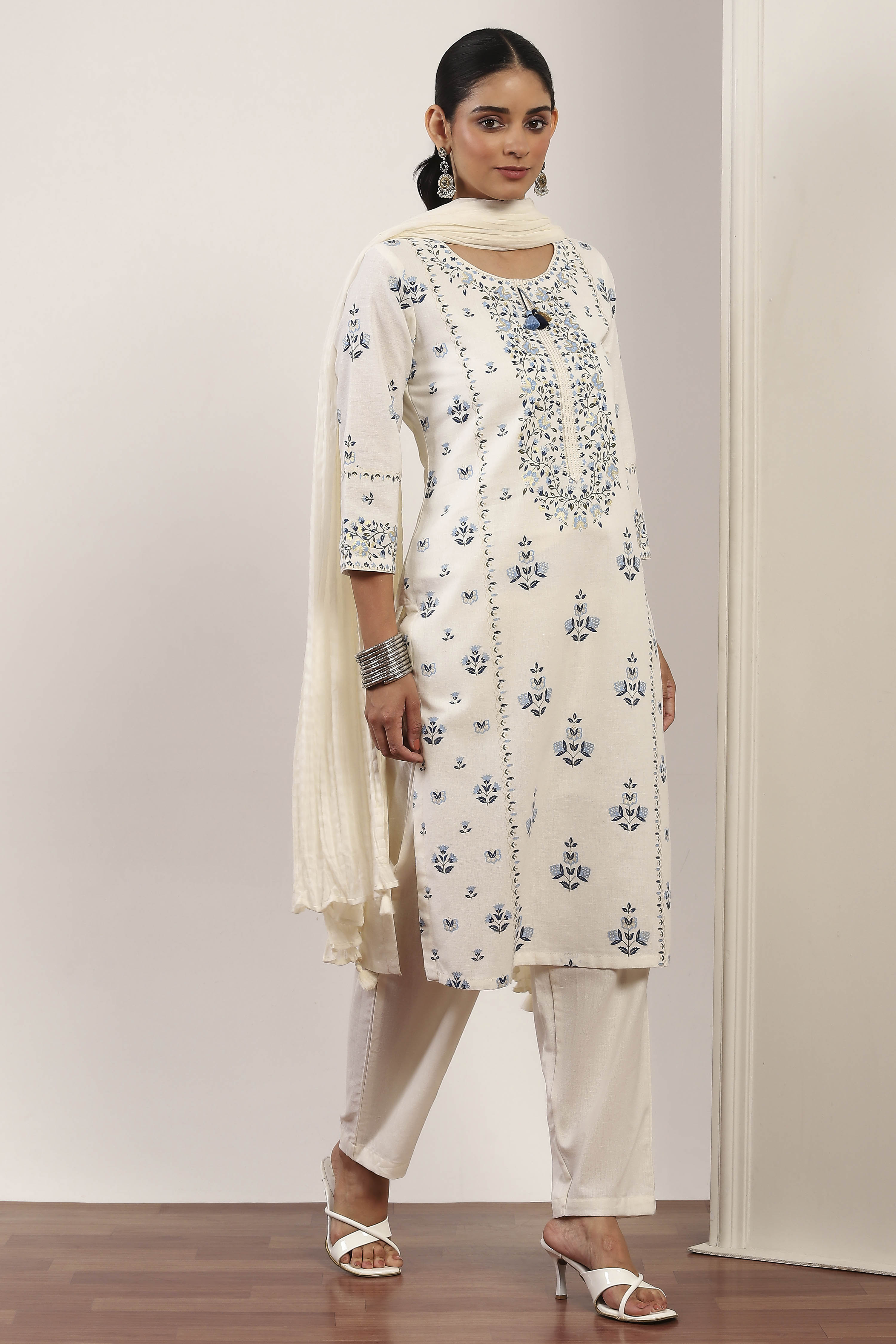 White Cotton Blend Straight Suit Sets image number 5
