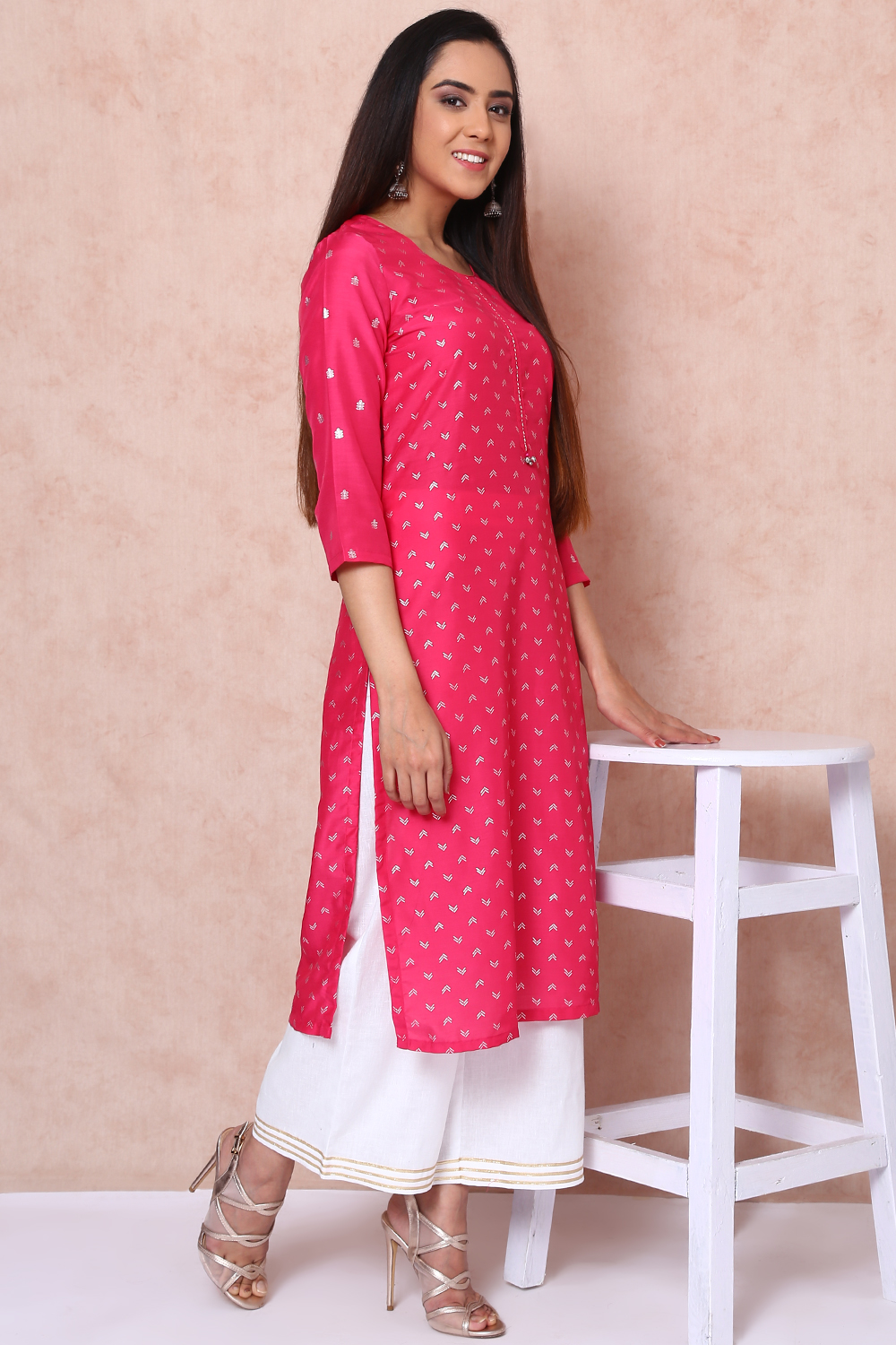 Fuschia Polyester Straight Kurta image number 3