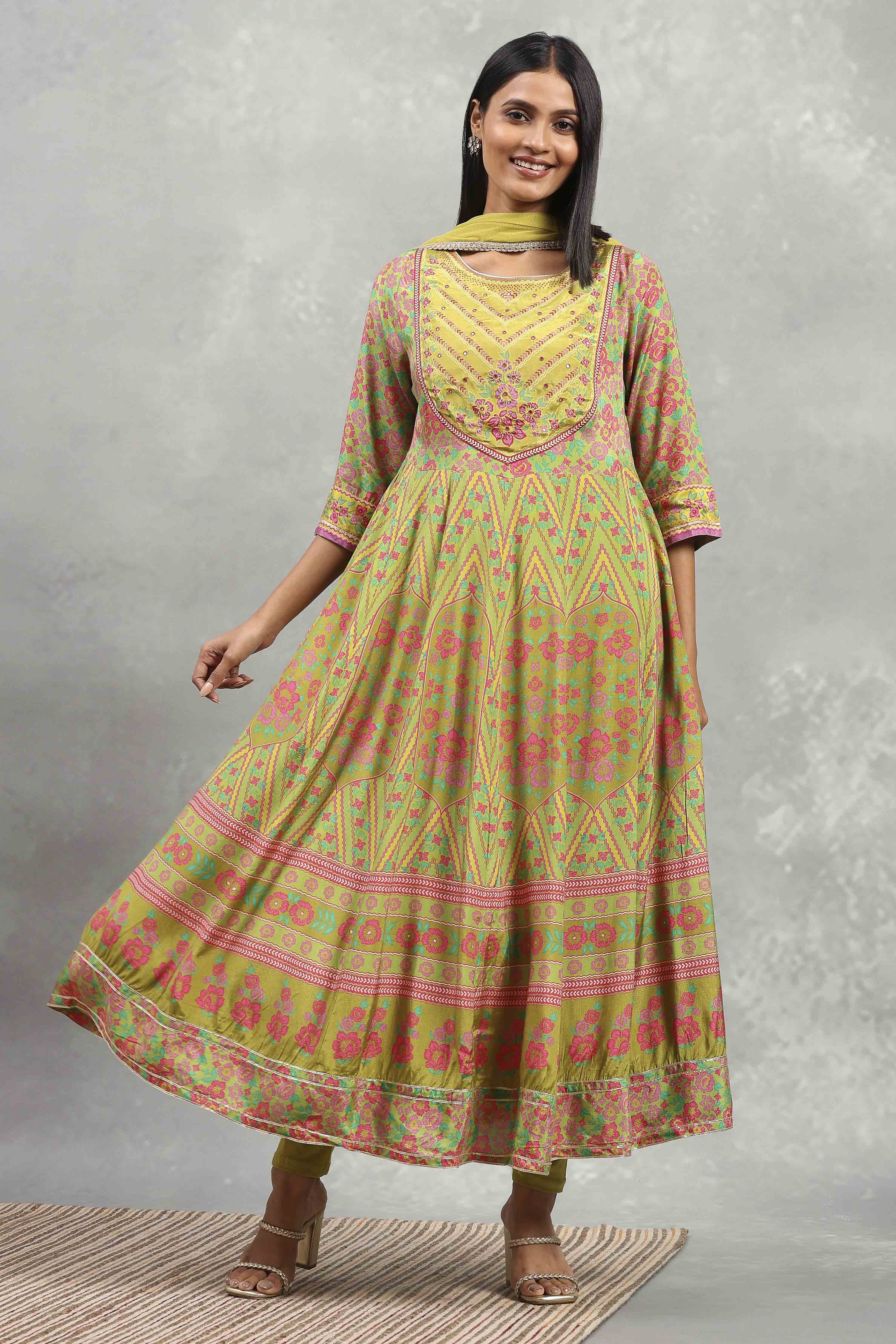 Lime Viscose Rayon Printed Anarkali Suit Set image number 0