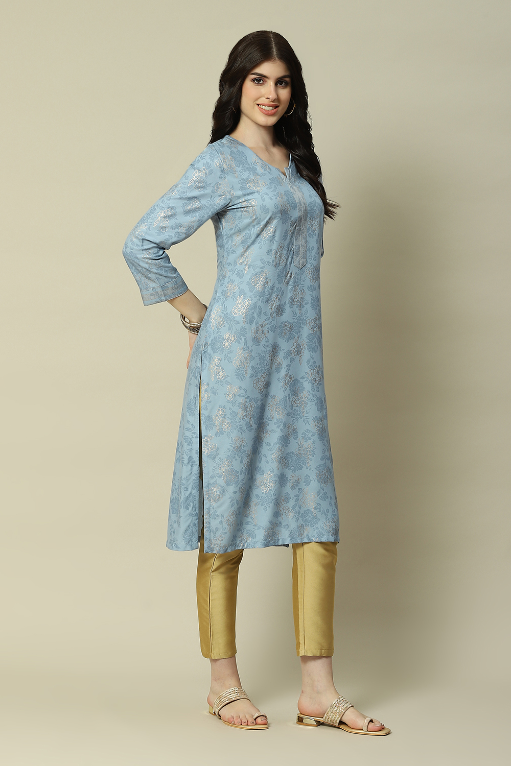 Blue LIVA Straight Printed Kurta image number 3