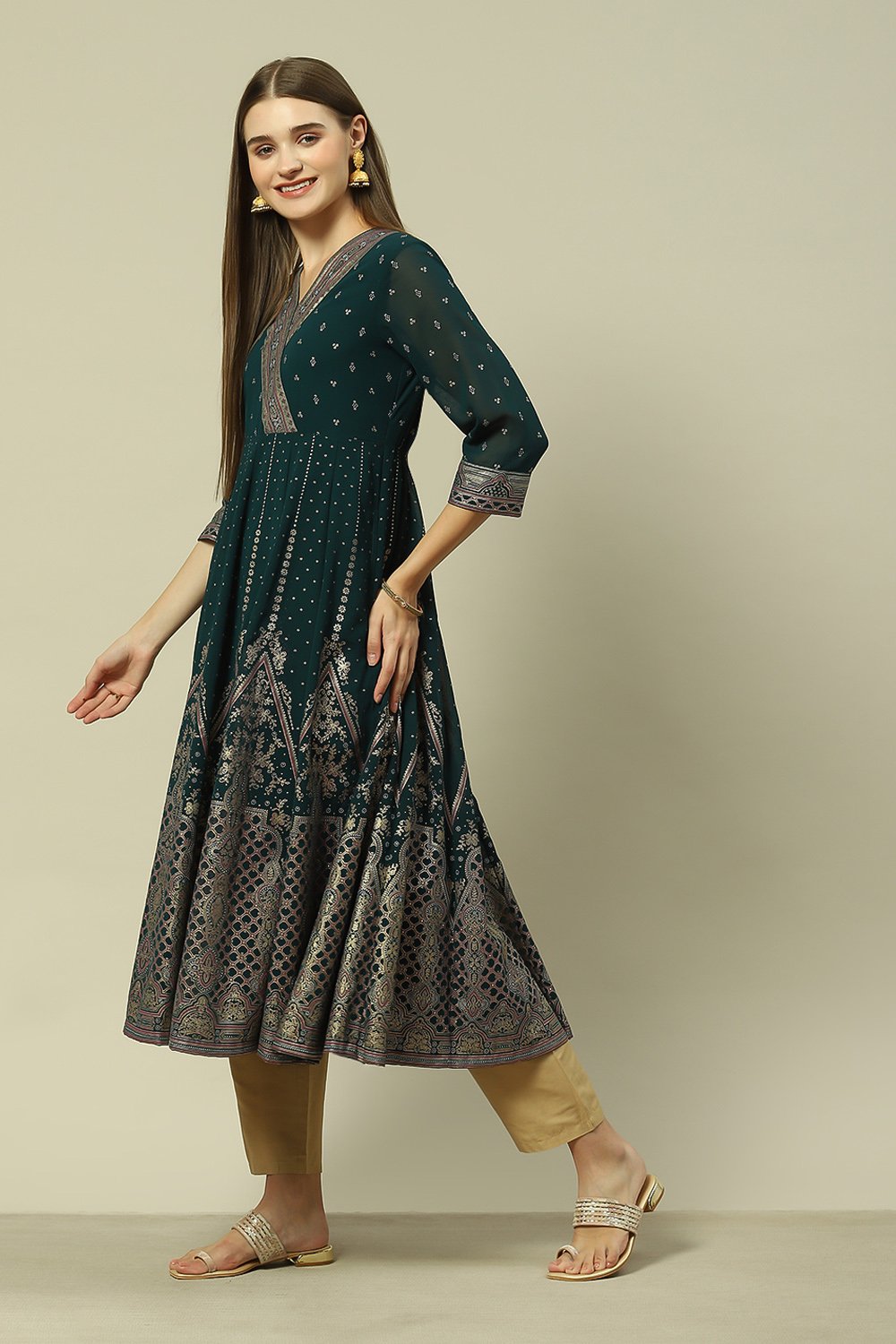 Green Polyester Kalidar Printed Dress image number 2