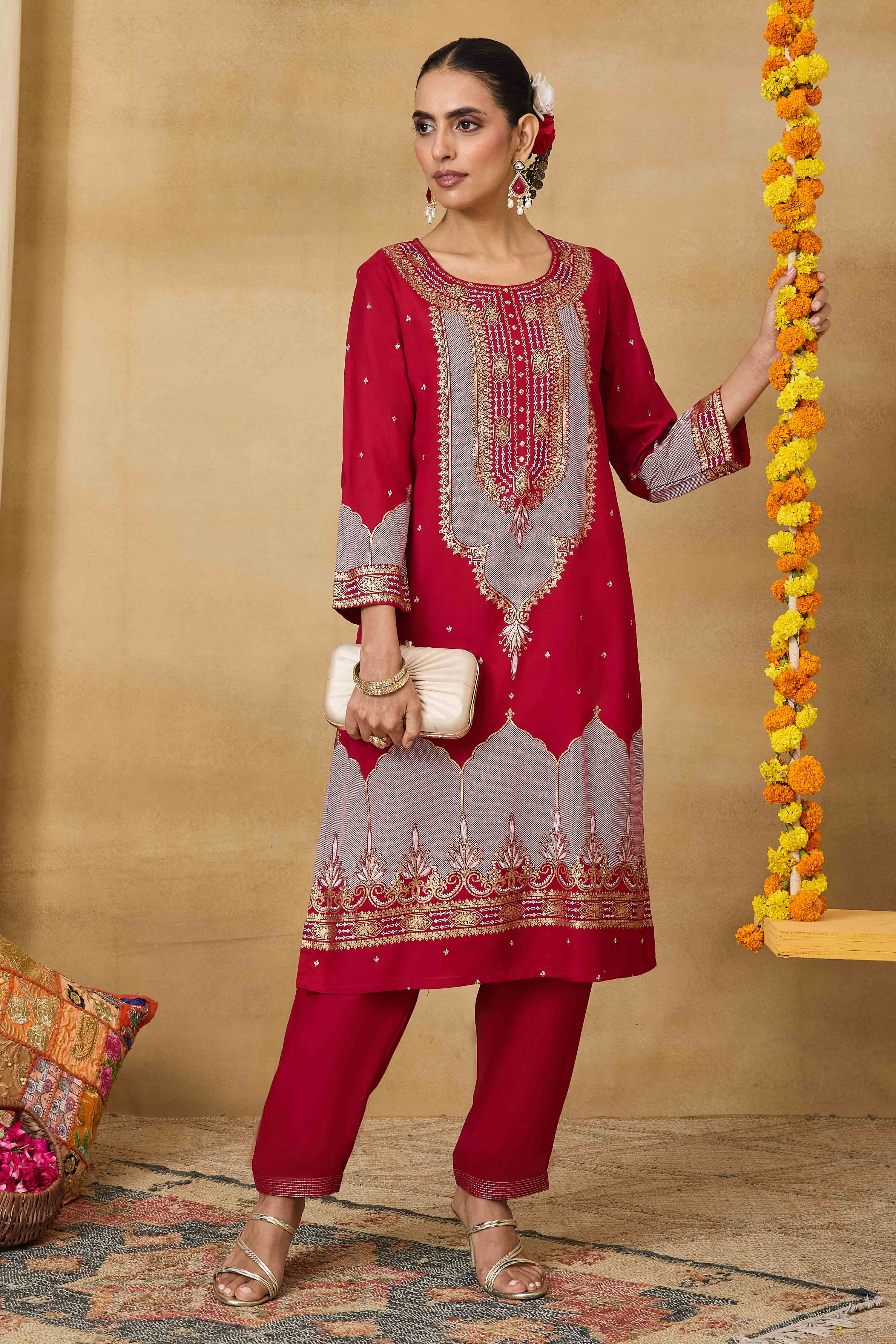 Red Viscose Rayon Straight Printed Kurta Pants Set image number 0