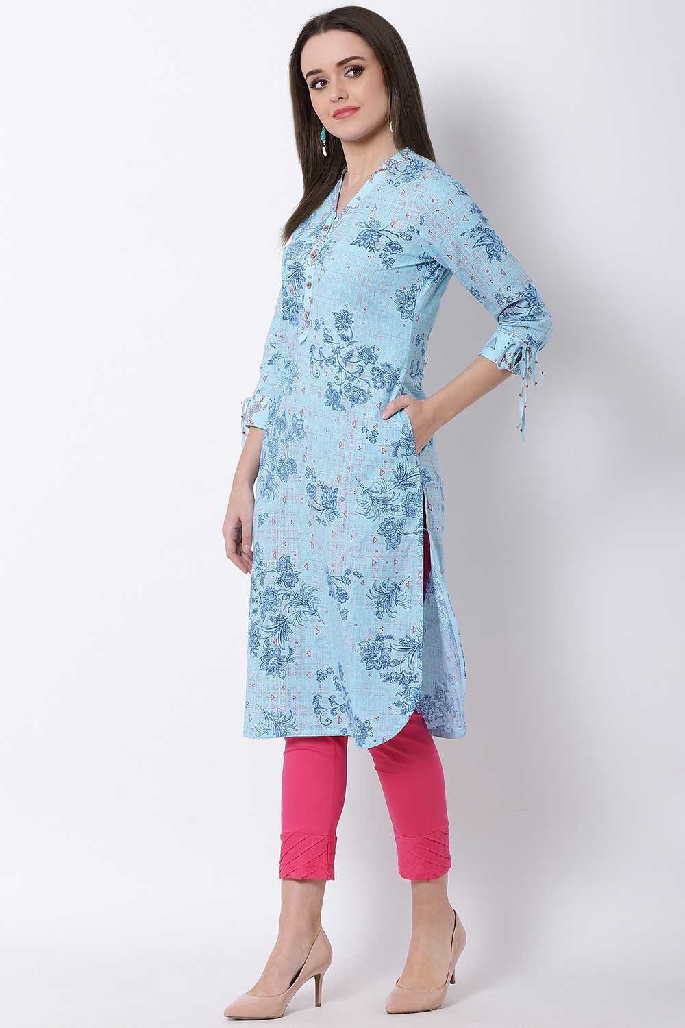 Sky Blue Cotton Straight Kurta image number 2