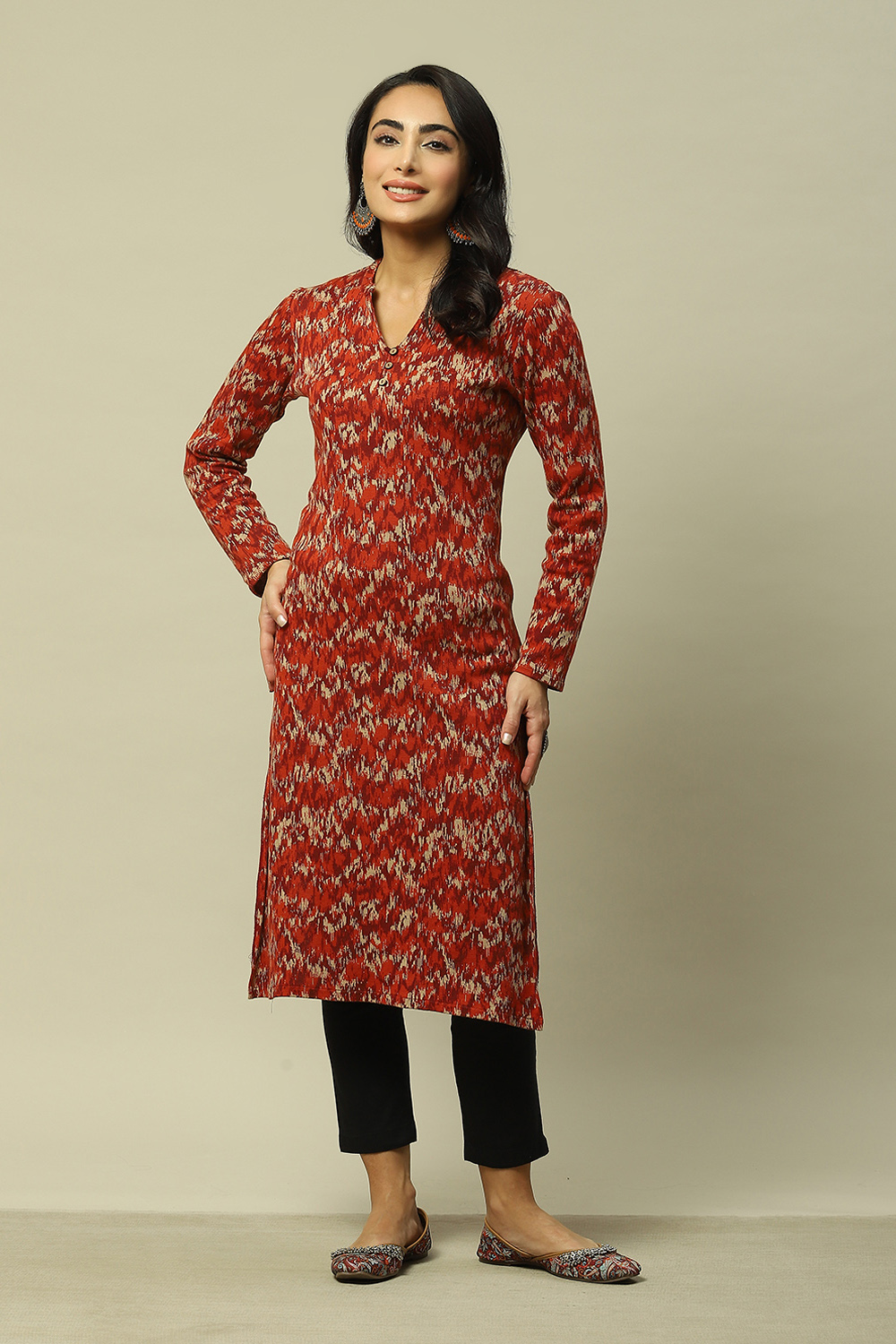 Rust Cotton Blend Straight Printed Kurta image number 5