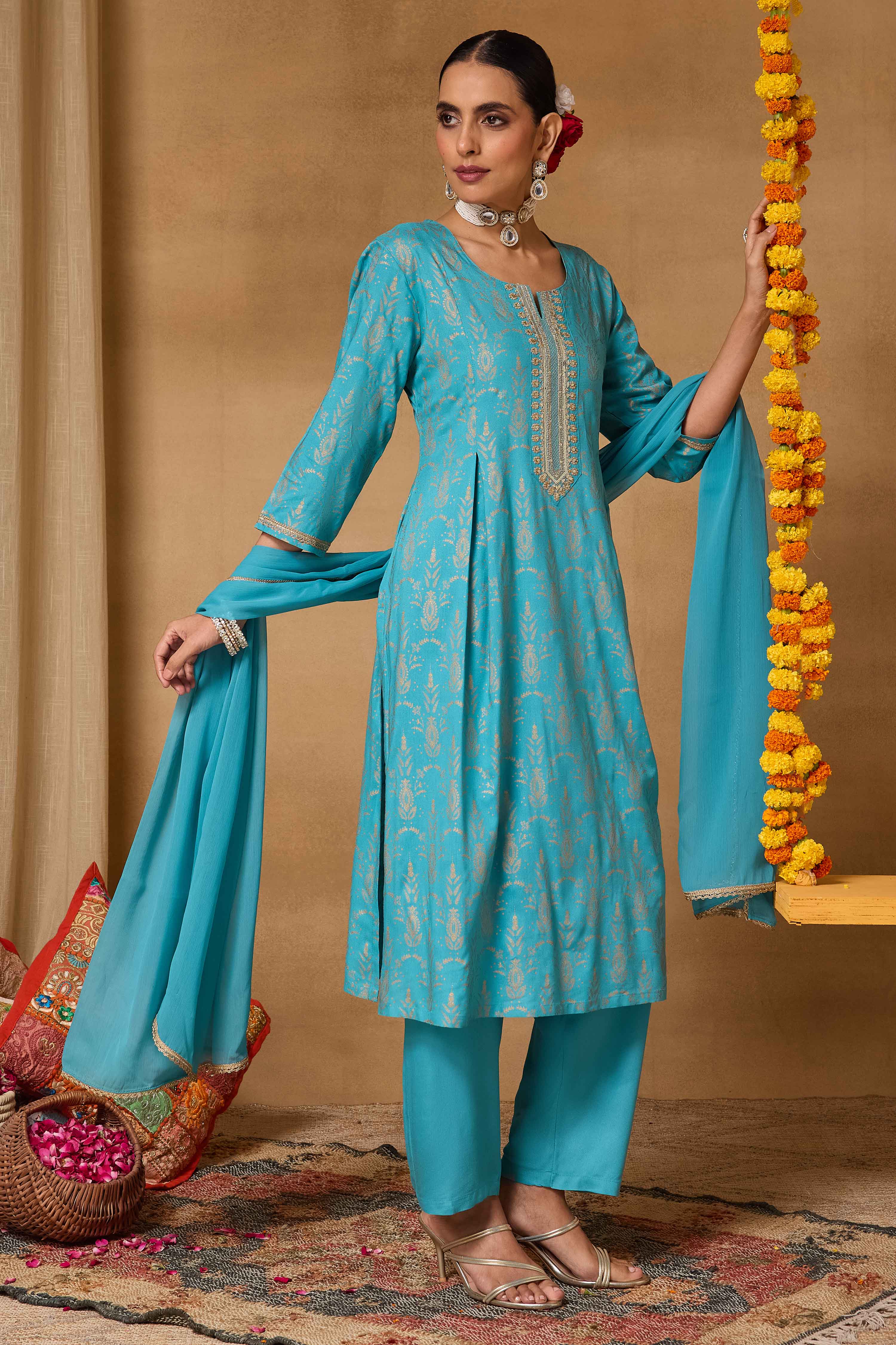 Red Viscose Rayon Straight Printed Suit Set image number 6