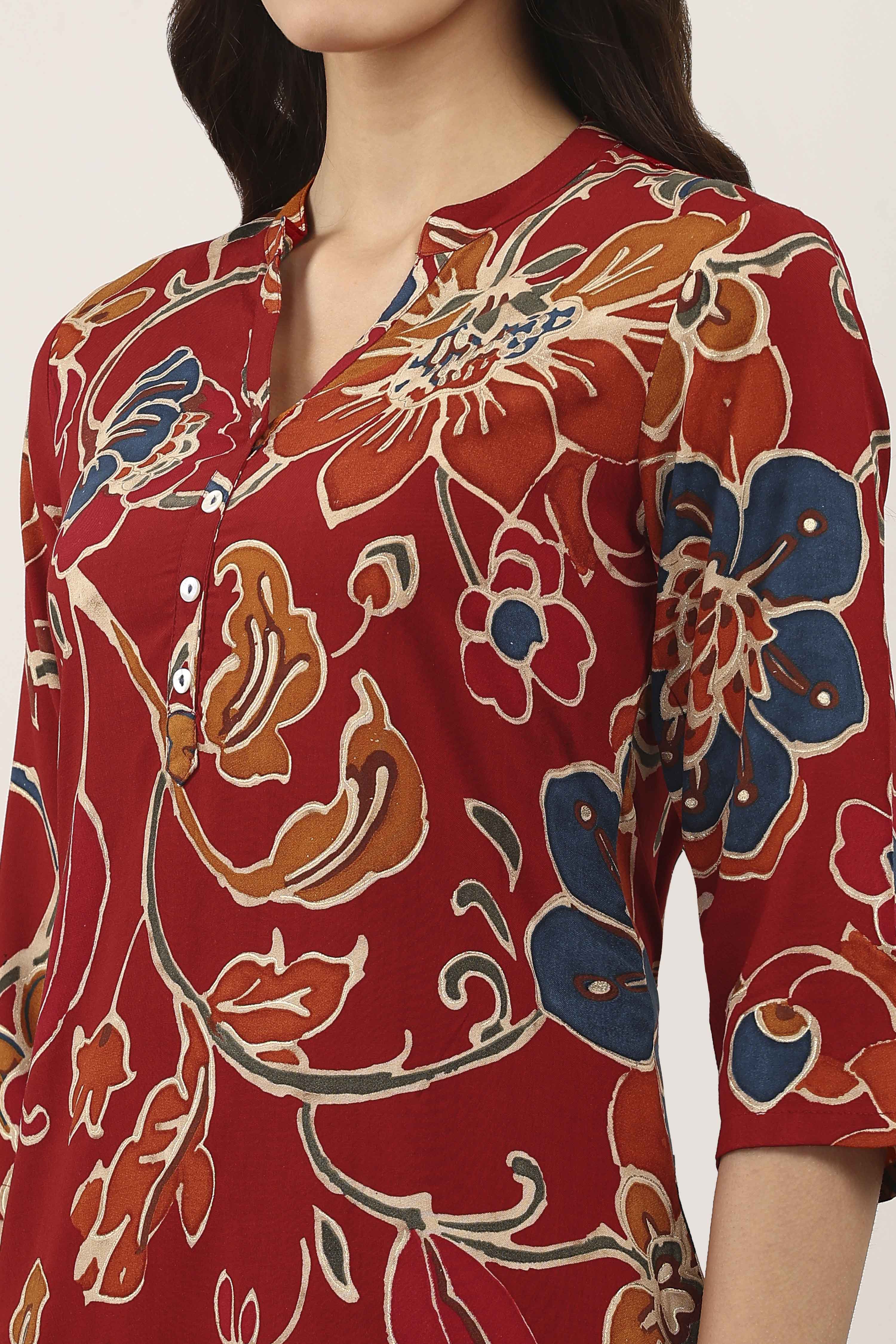 Red Rayon Viscose Rayon Kurta Pants Set image number 1