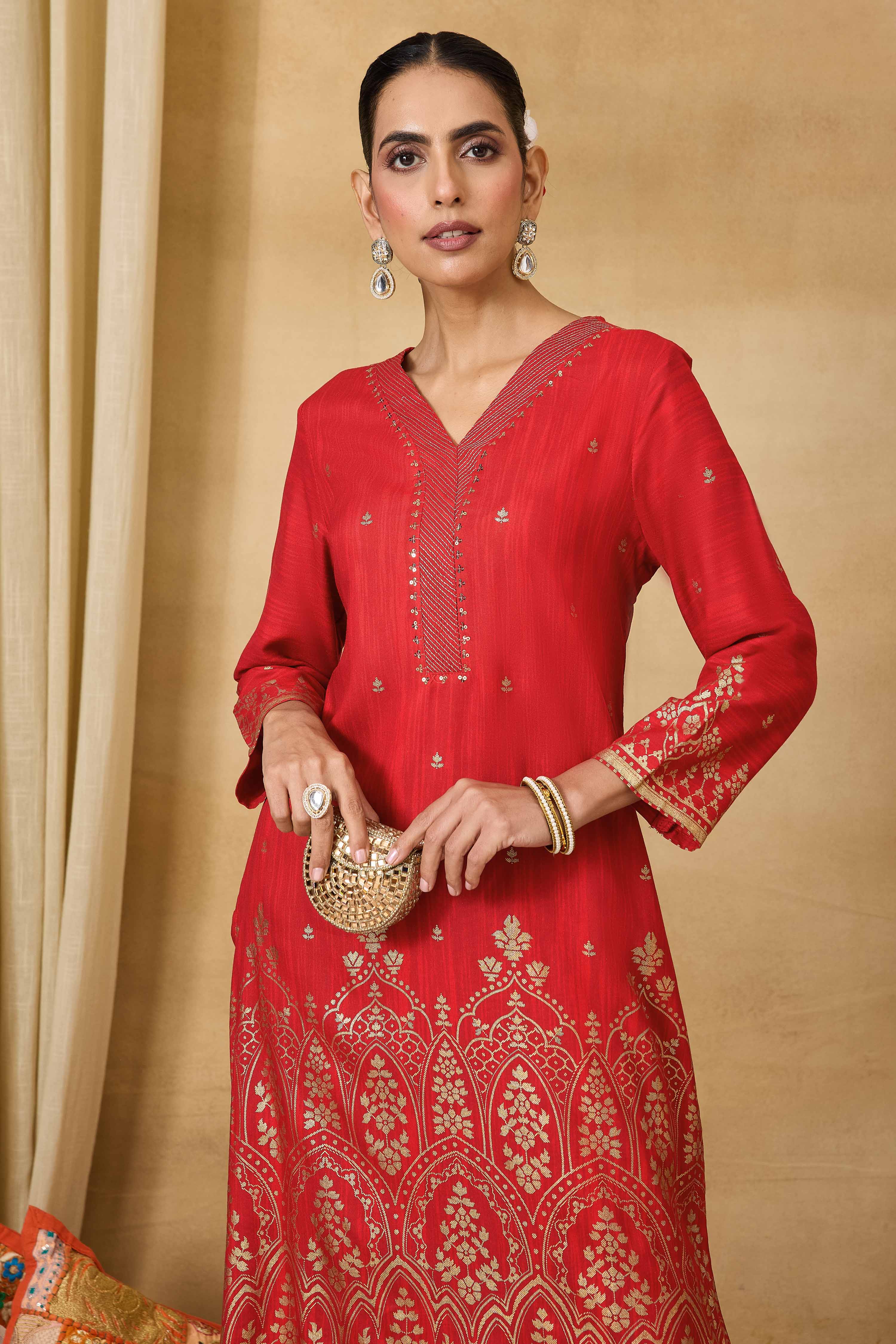 Red Viscose Rayon Straight Printed Kurta Pants Set image number 8