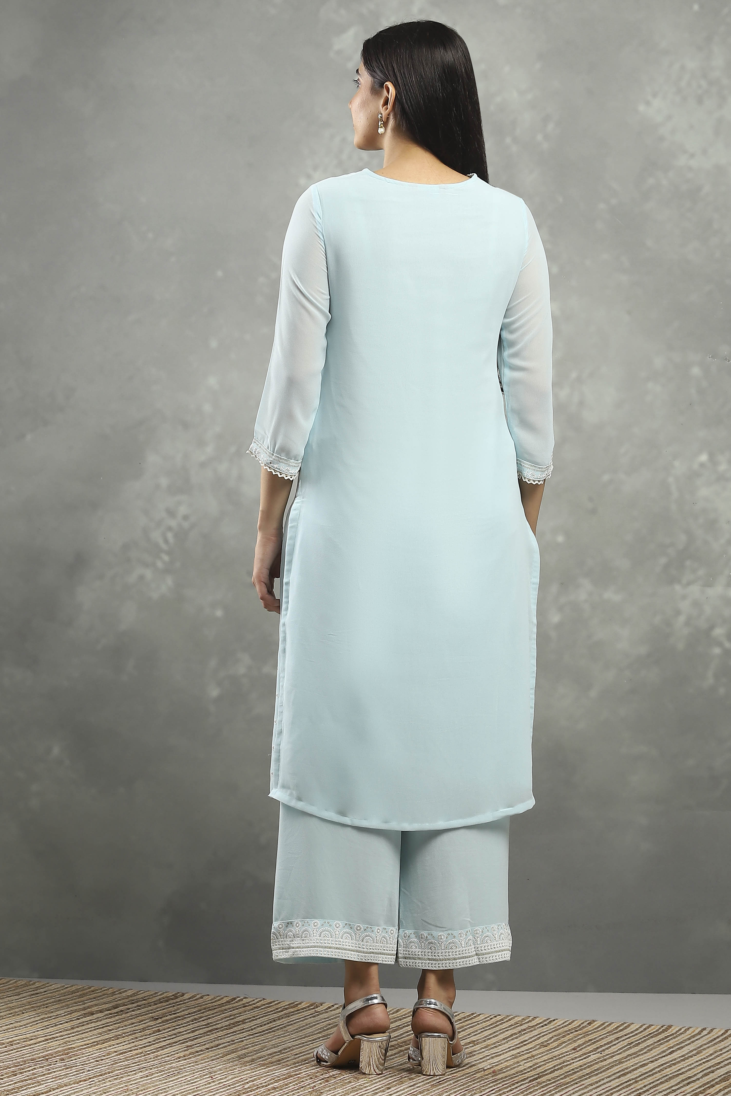 Blue Viscose Straight Kurta Pants Set image number 4