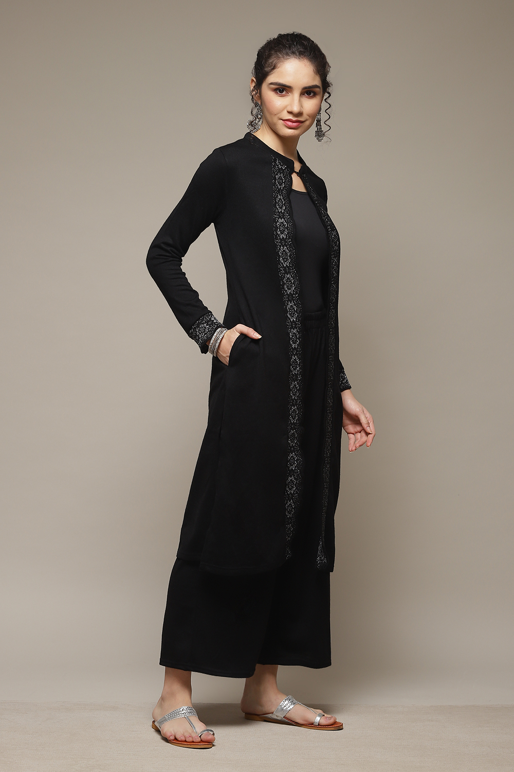 Black Acrylic Front Open Kurta image number 5