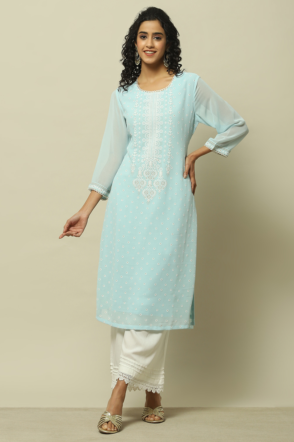 Blue Poly Georgette Embroidered Straight Kurta image number 0