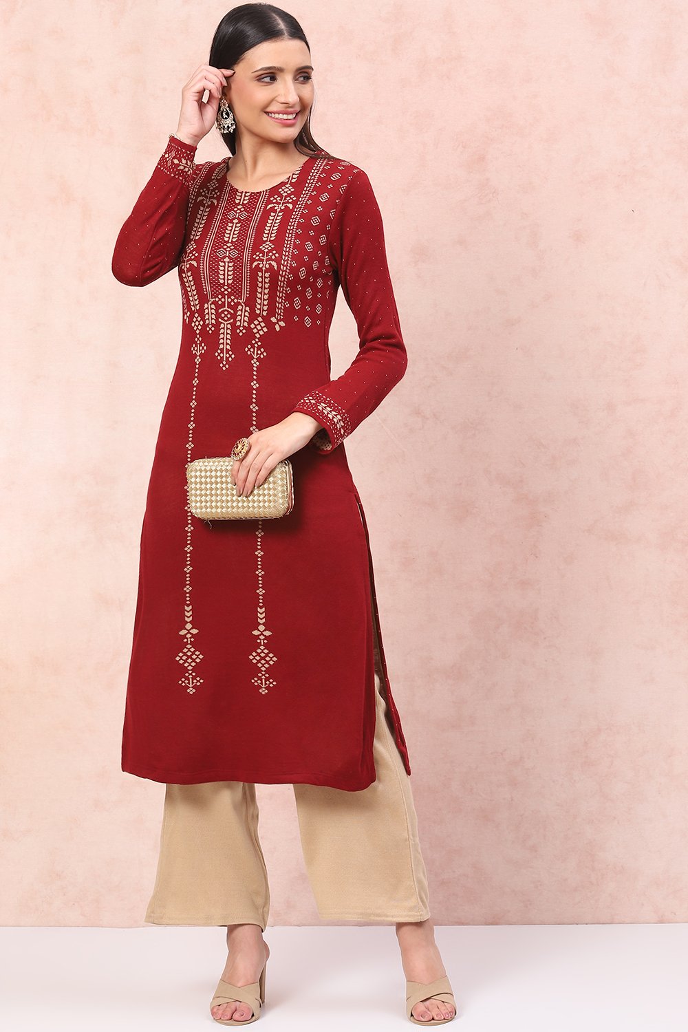 Maroon Acrylic Straight Kurta image number 5