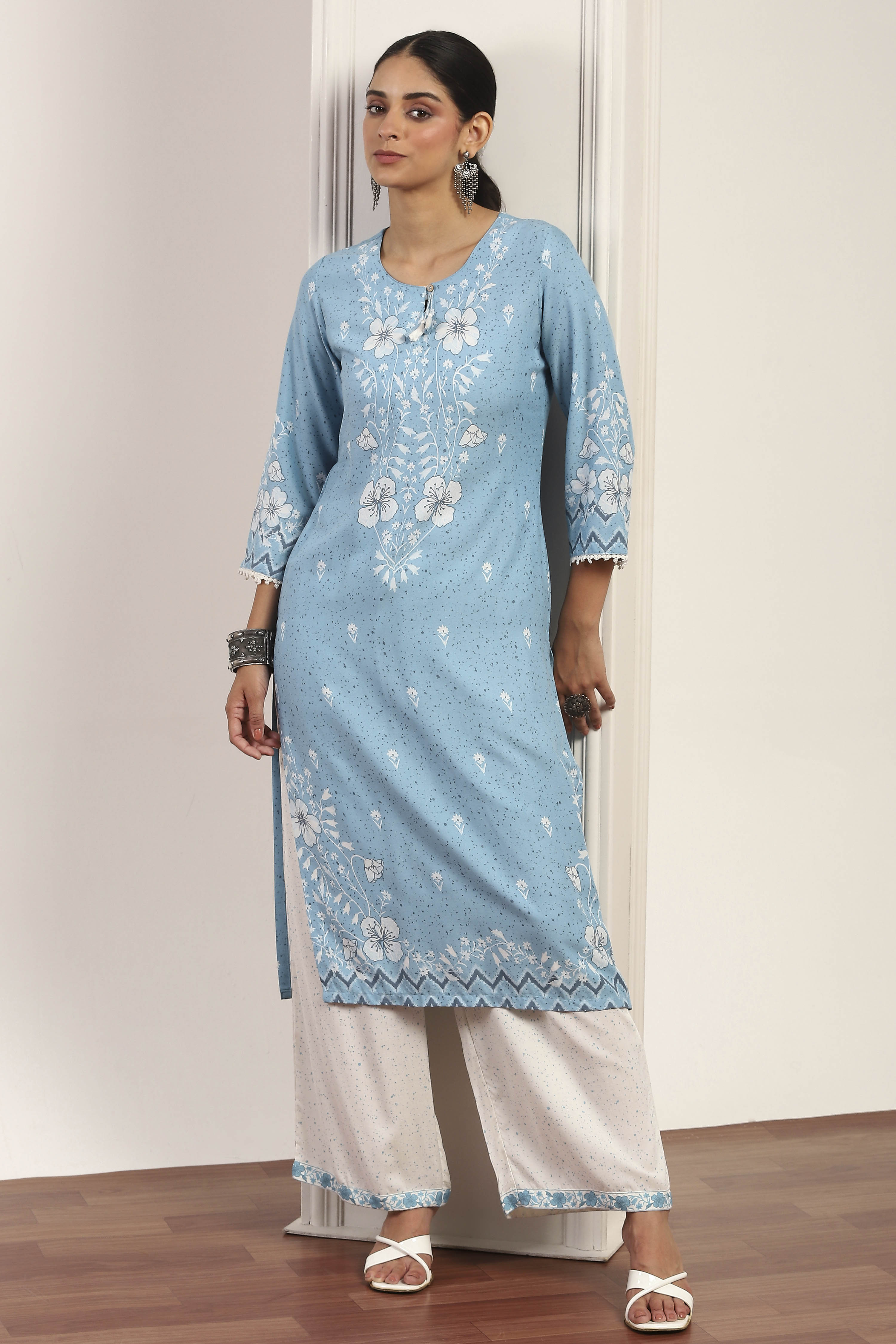 Blue Viscose Rayon Straight Kurta Pants Set image number 0