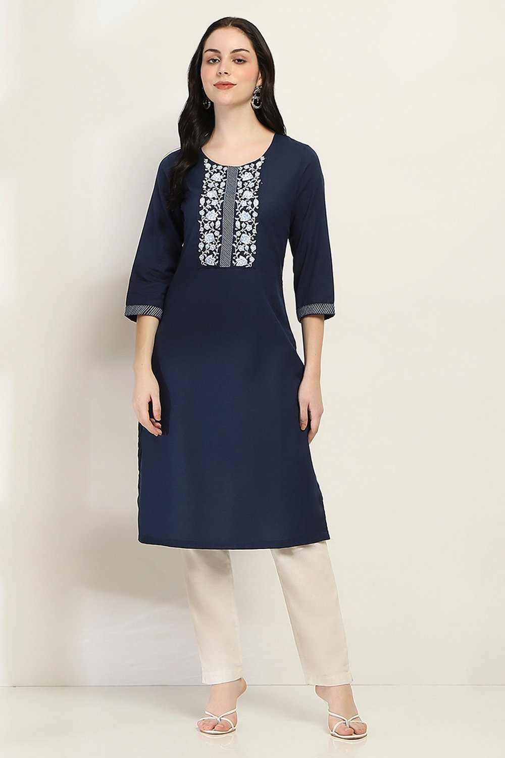 Indigo Cotton Blend Straight Kurta image number 5