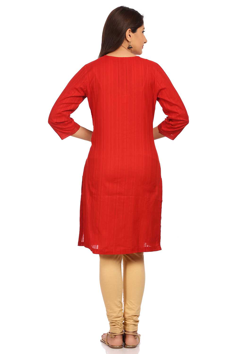 Red Straight Cotton Kurta image number 3