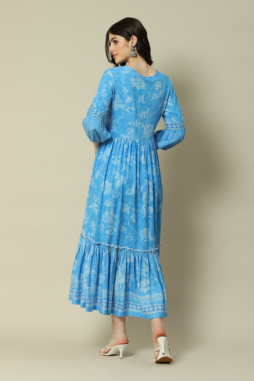 Aqua Blue Viscose Tiered Printed Dress image number 4