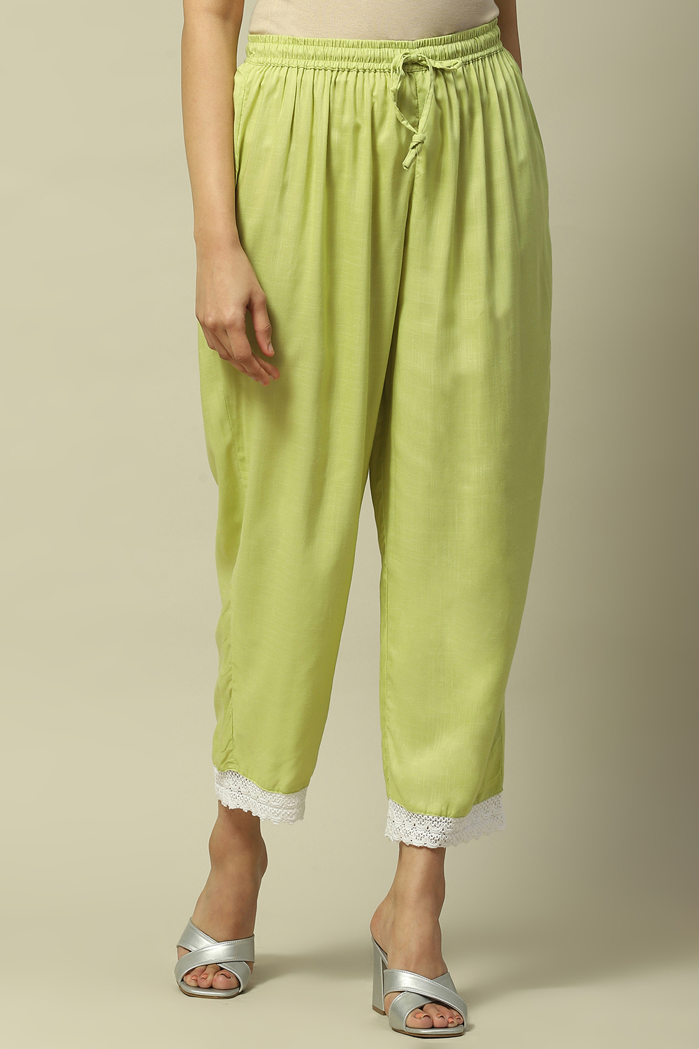 Lime Green Rayon Slub Straight Palazzo image number 5