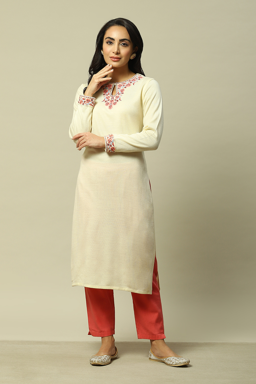 White Acrylic Straight Solid Kurta image number 0