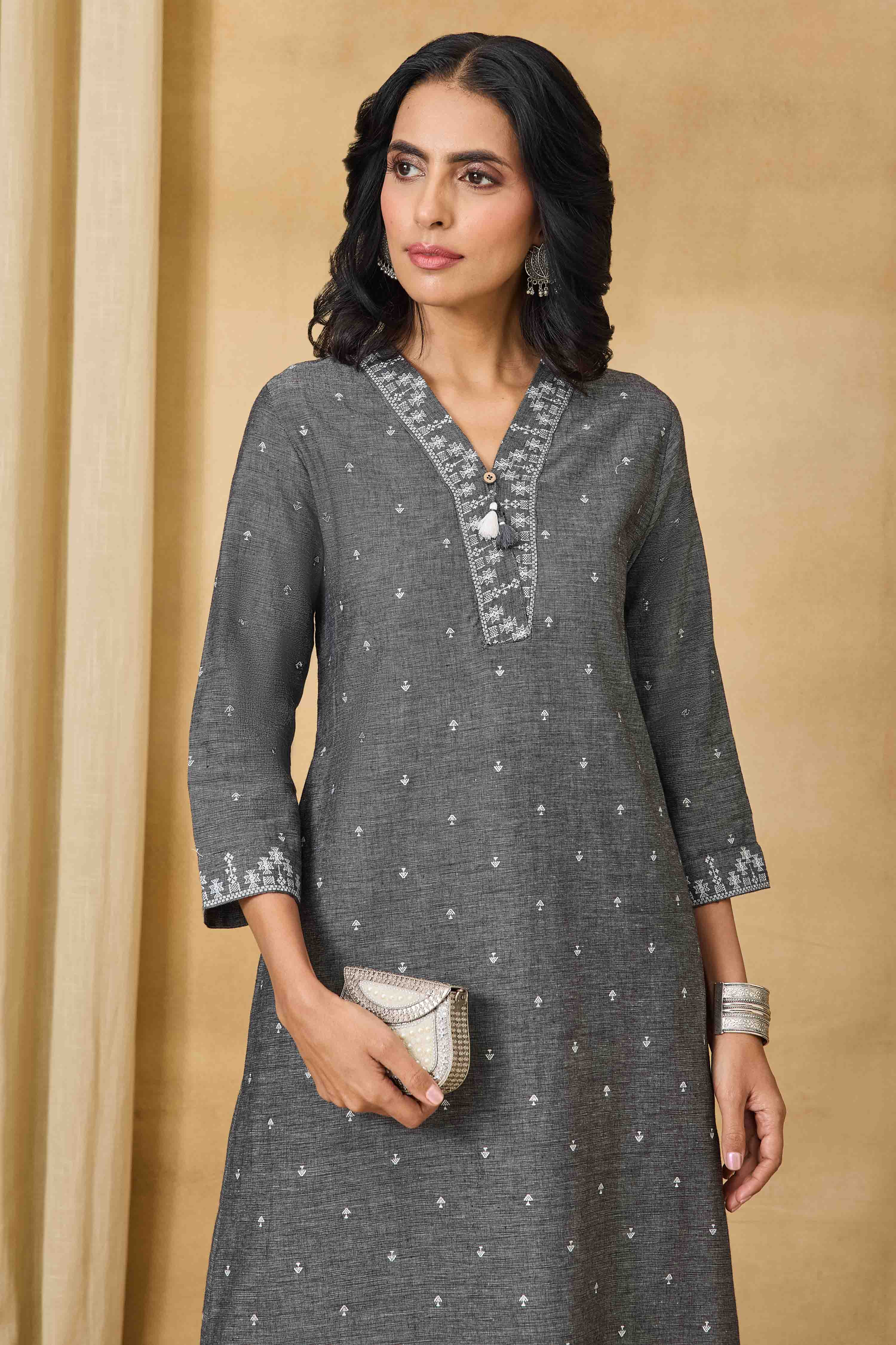 Grey Cotton Straight Printed Kurta image number 7