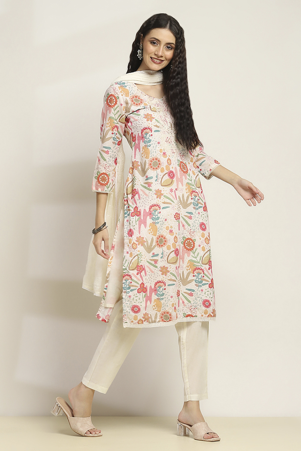 Off White Cotton Blend Straight SET image number 5