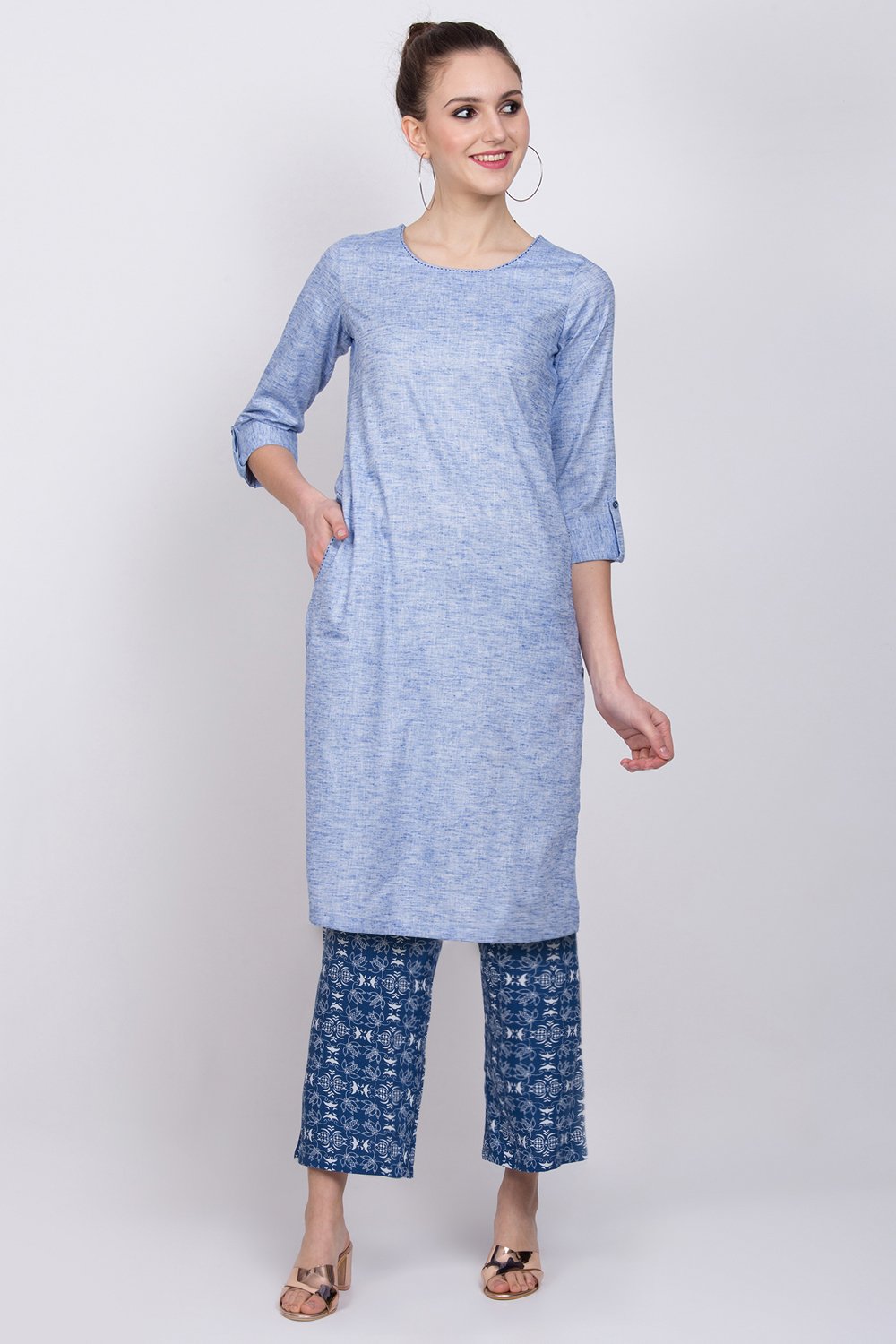 Blue Cotton Straight Suit Set image number 4