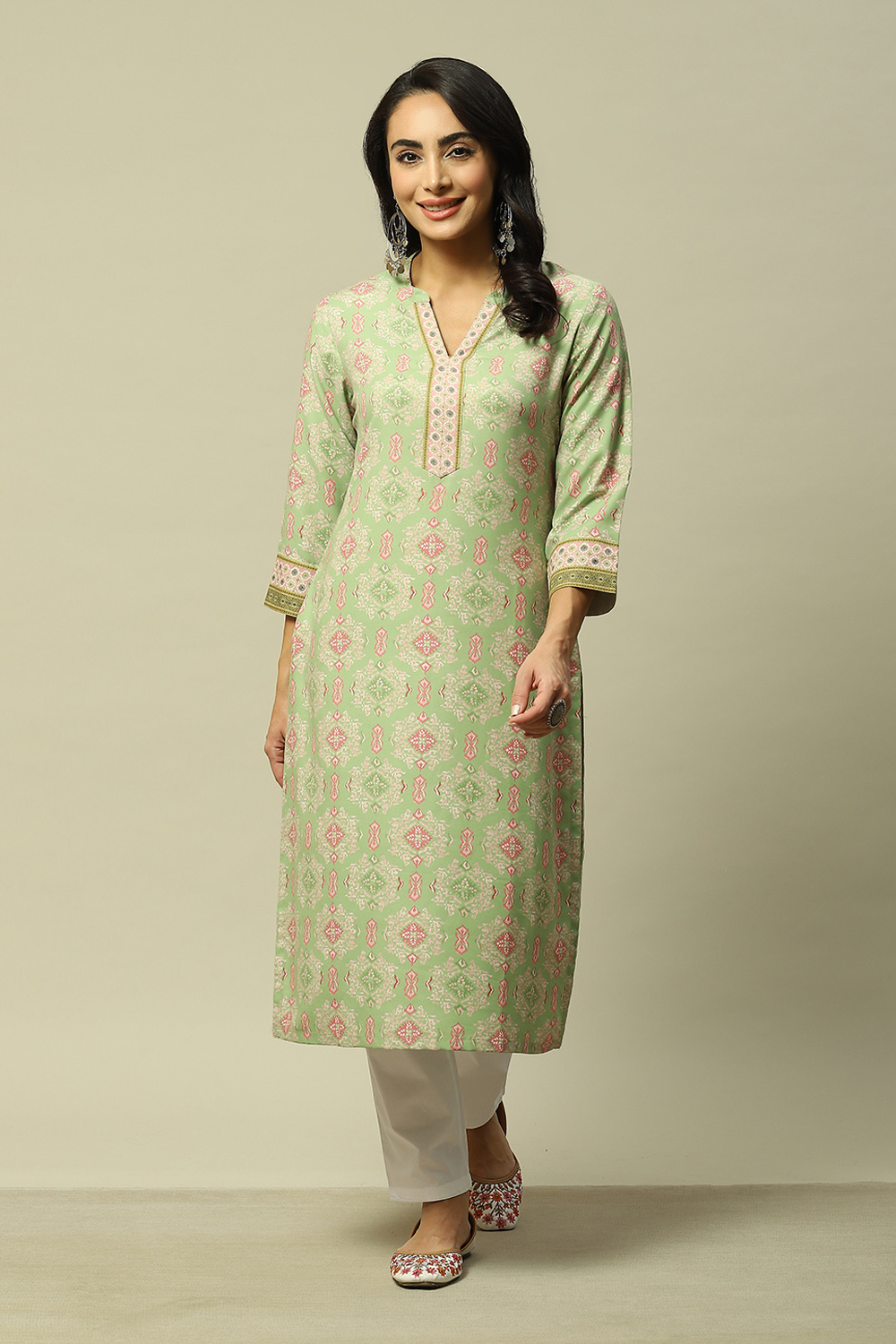 Green LIVA Straight Printed Kurta image number 5