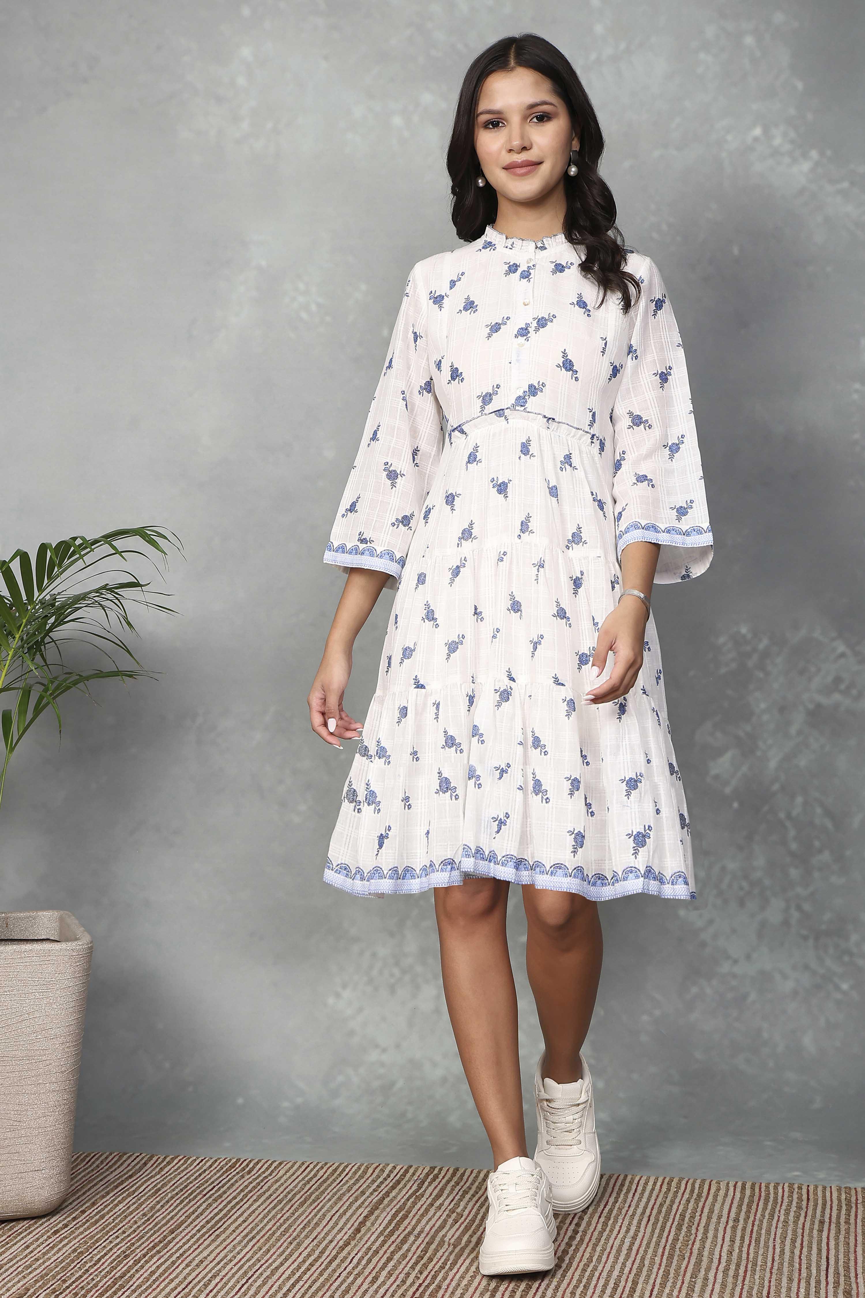 White Cotton Printed Tiered Dress image number 5