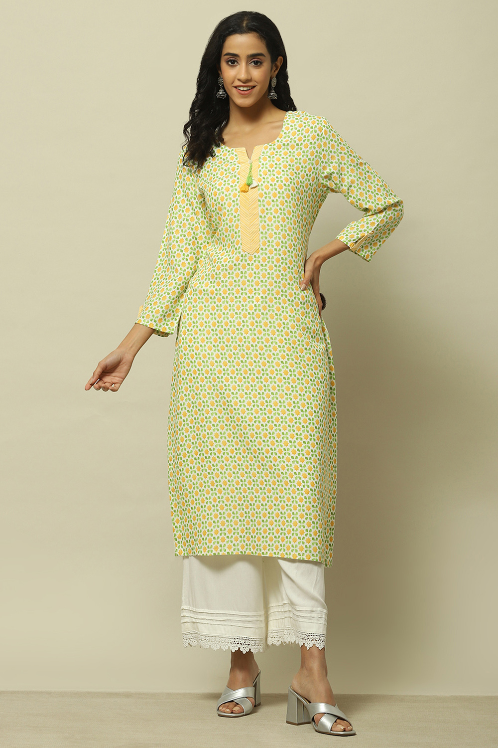 Lime Green Printed Straight Kurta image number 0