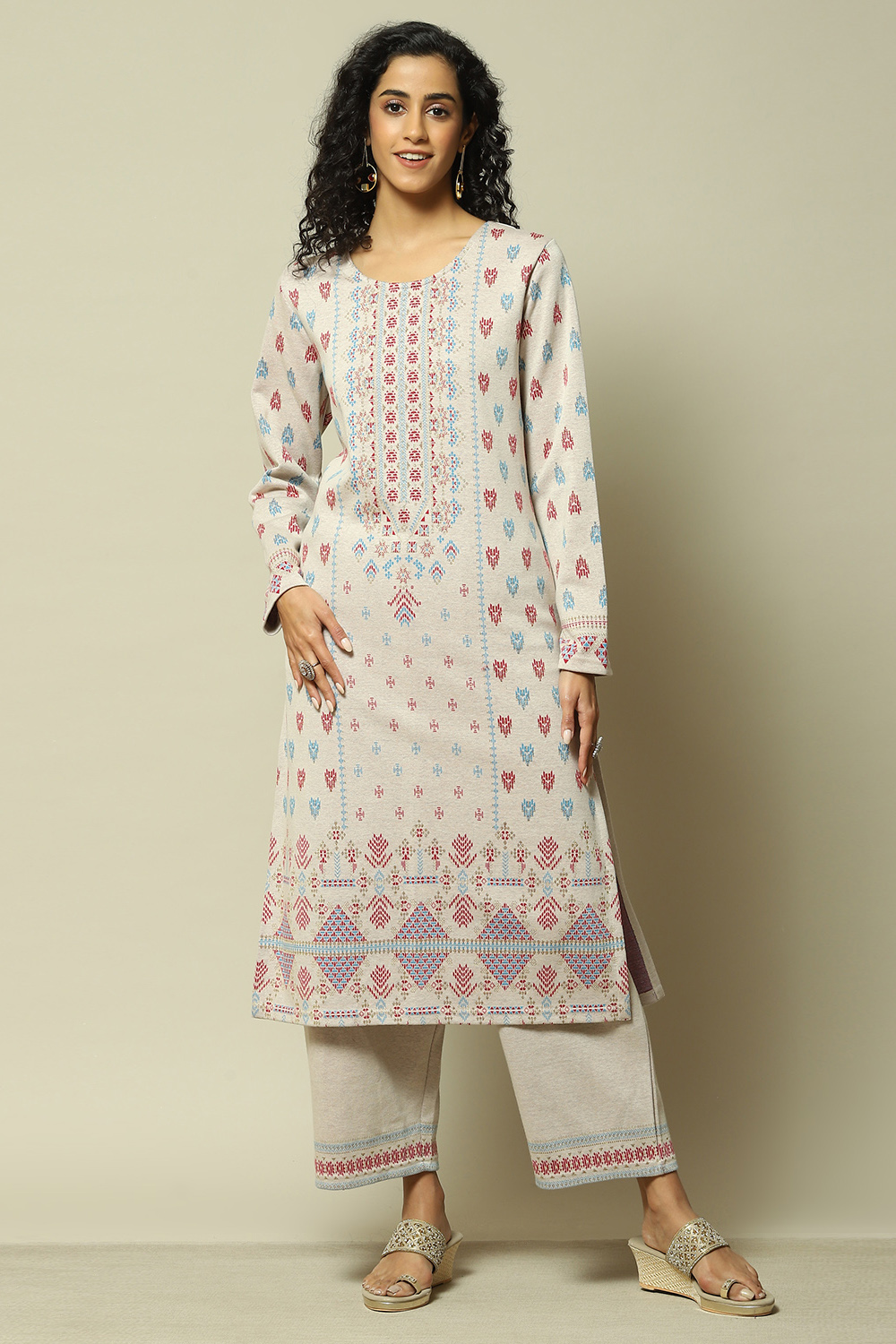 Ecru Jacquard Straight Printed Kurta Palazzo Suit Set image number 6