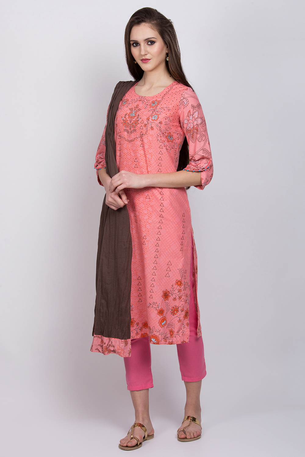 Peach Cotton Straight Kurta image number 2