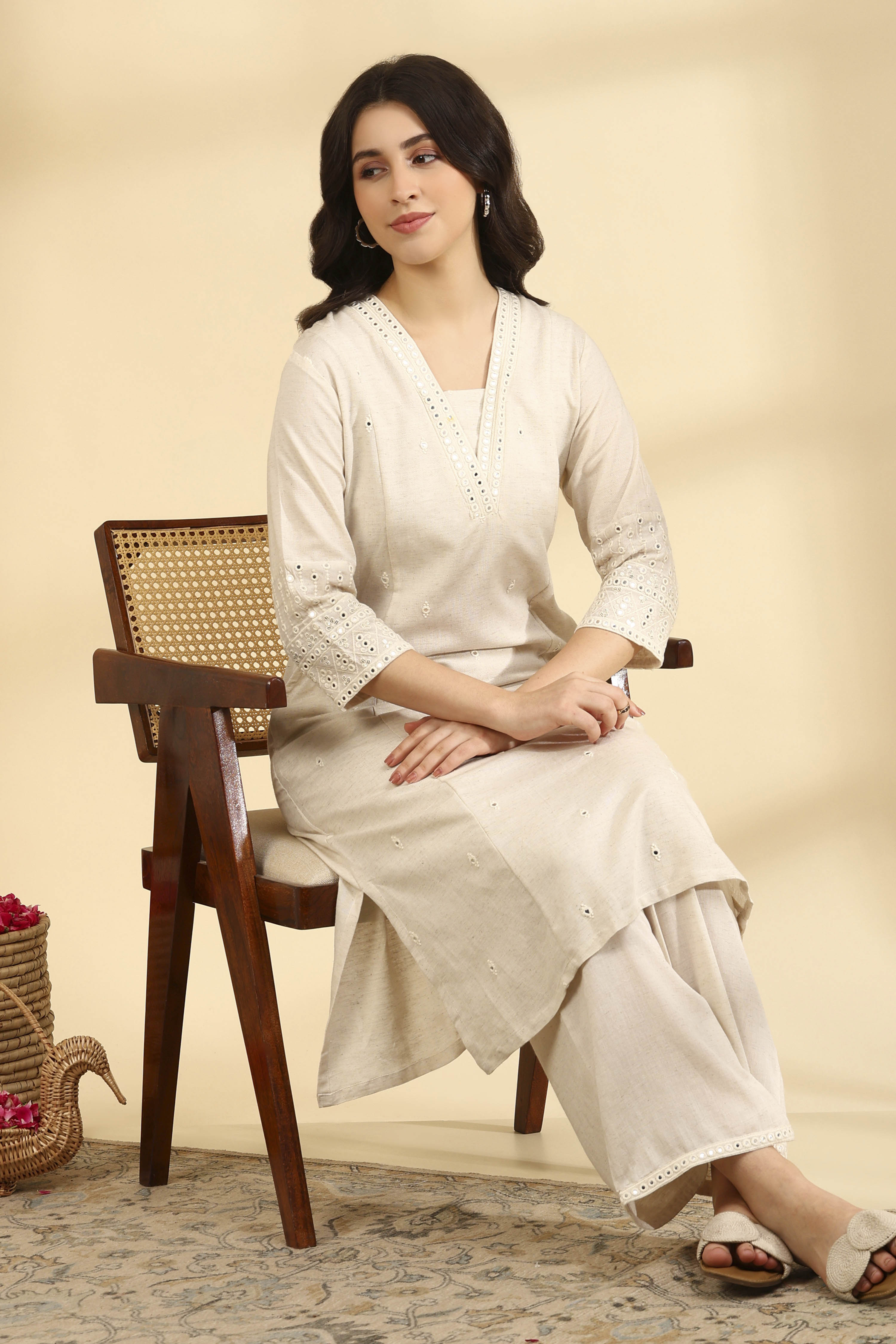 Off White Rayon Flex Straight Co-ord Set image number 0