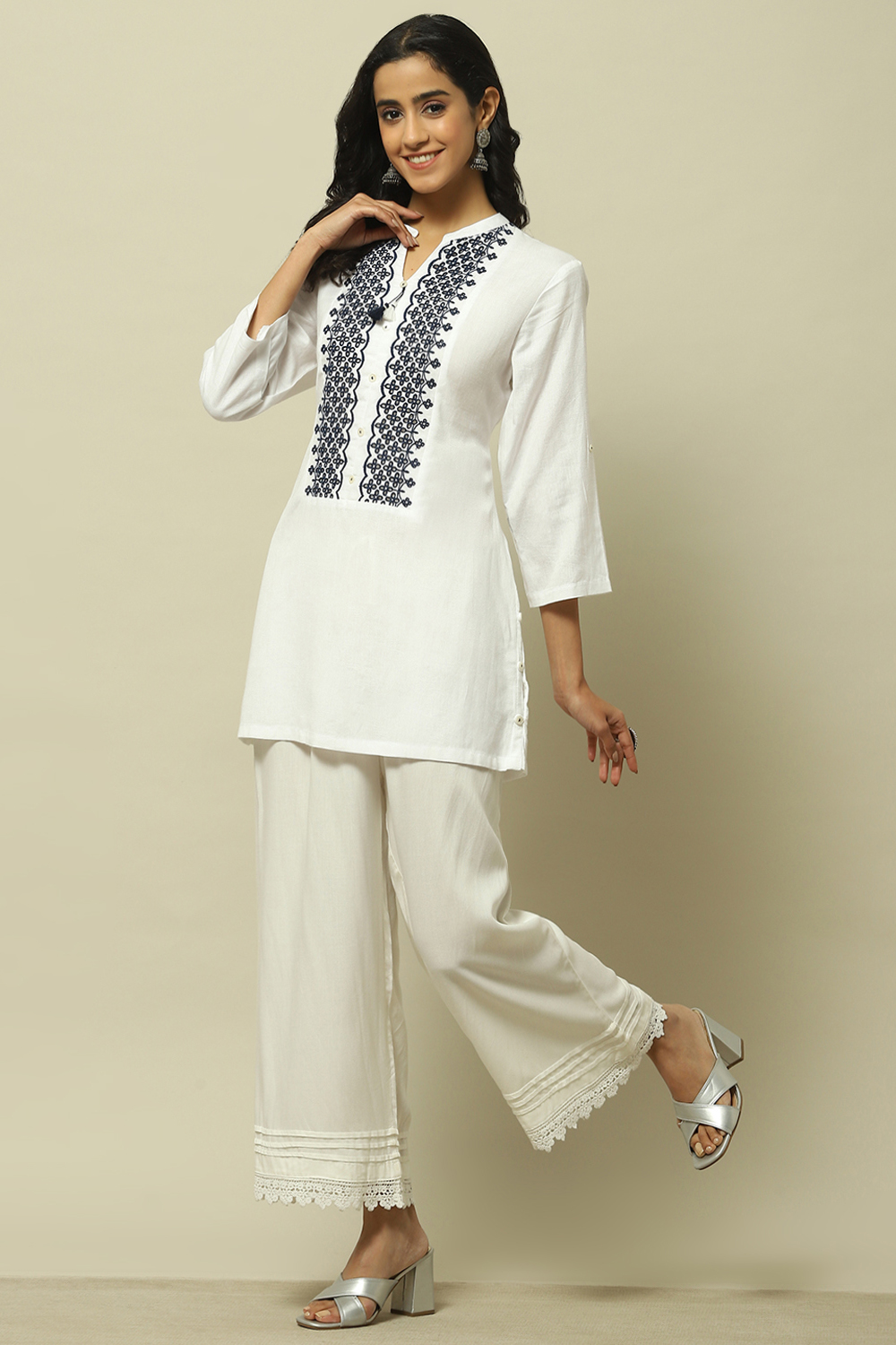 Navy Blue Schiffli Detail Straight Indie Top image number 0