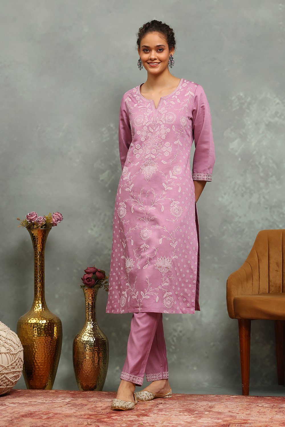 Lavender Viscose Blend Printed Straight Kurta Pants Set image number 0