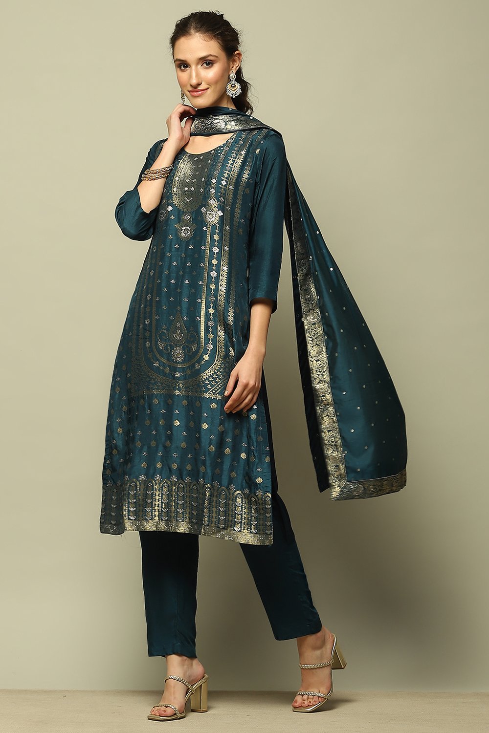 Blue Viscose Blend Straight Yarn Dyed Kurta Palazzo Suit Set image number 0