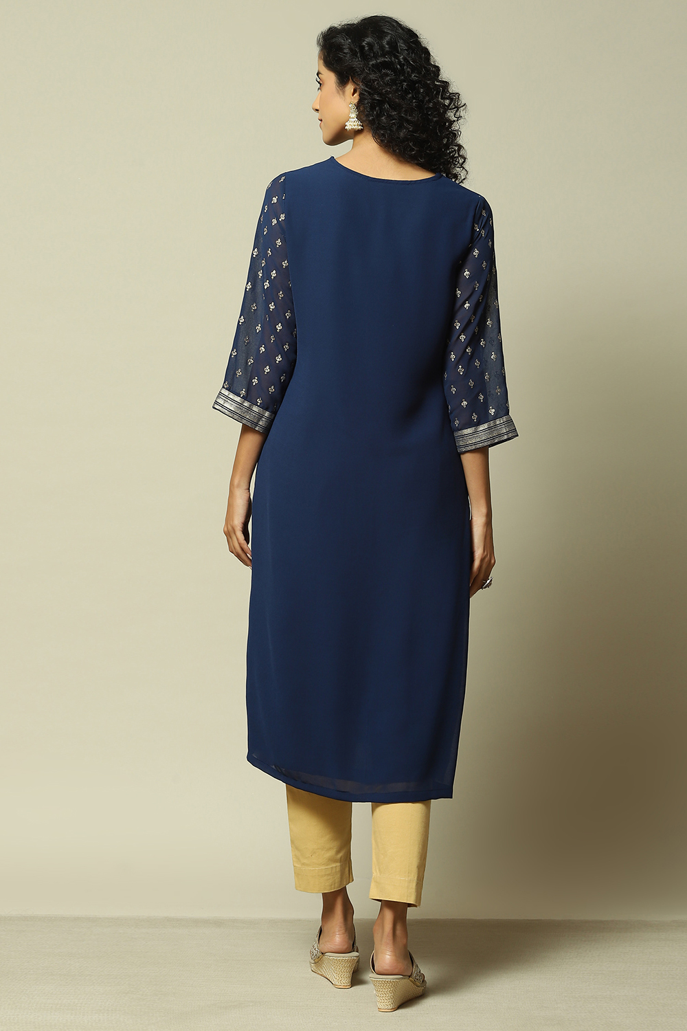 Navy Blue Polyester Straight Printed Kurta image number 3