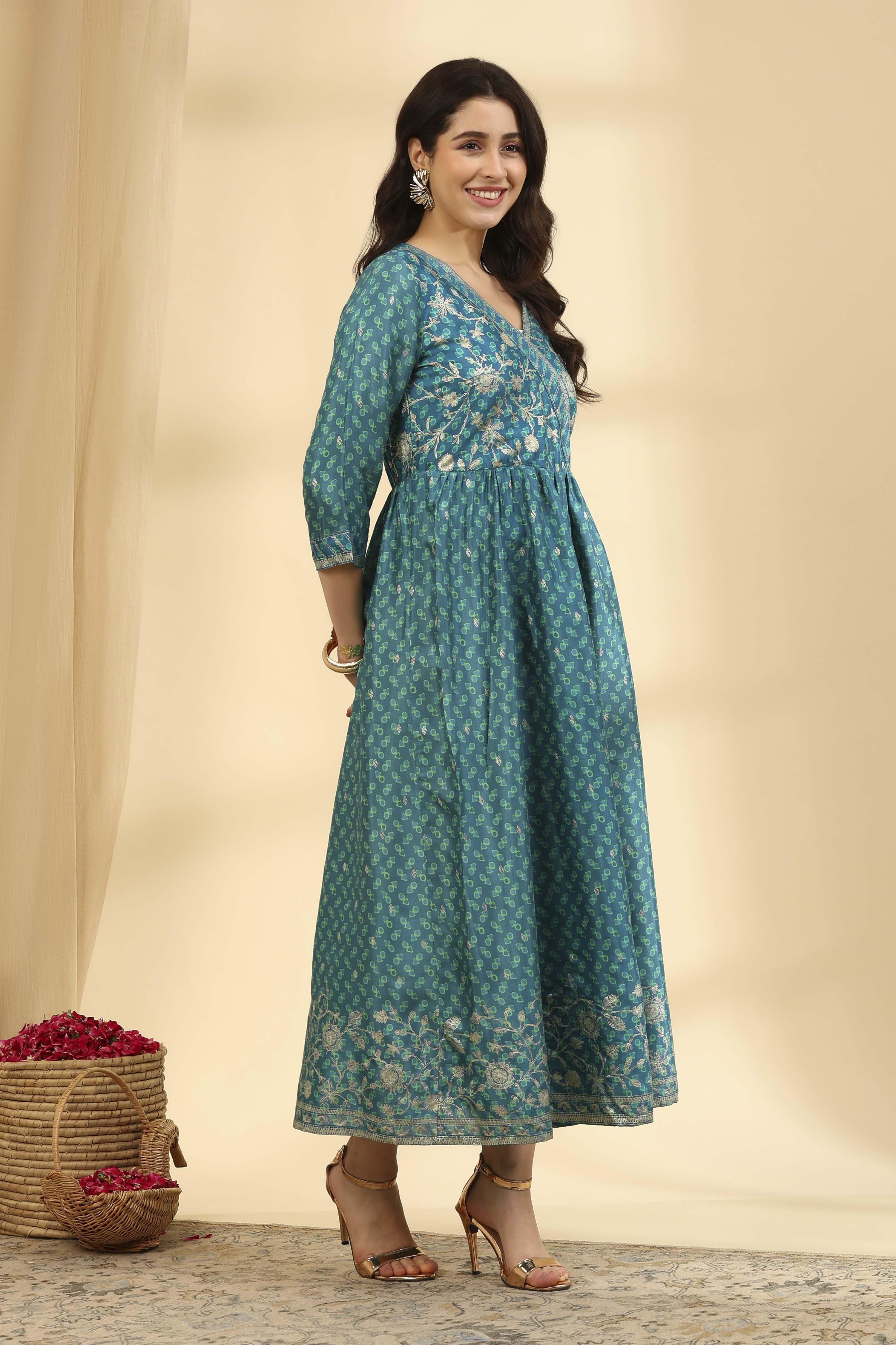 Teal Printed Viscose Blend Ethnic Dress image number 3