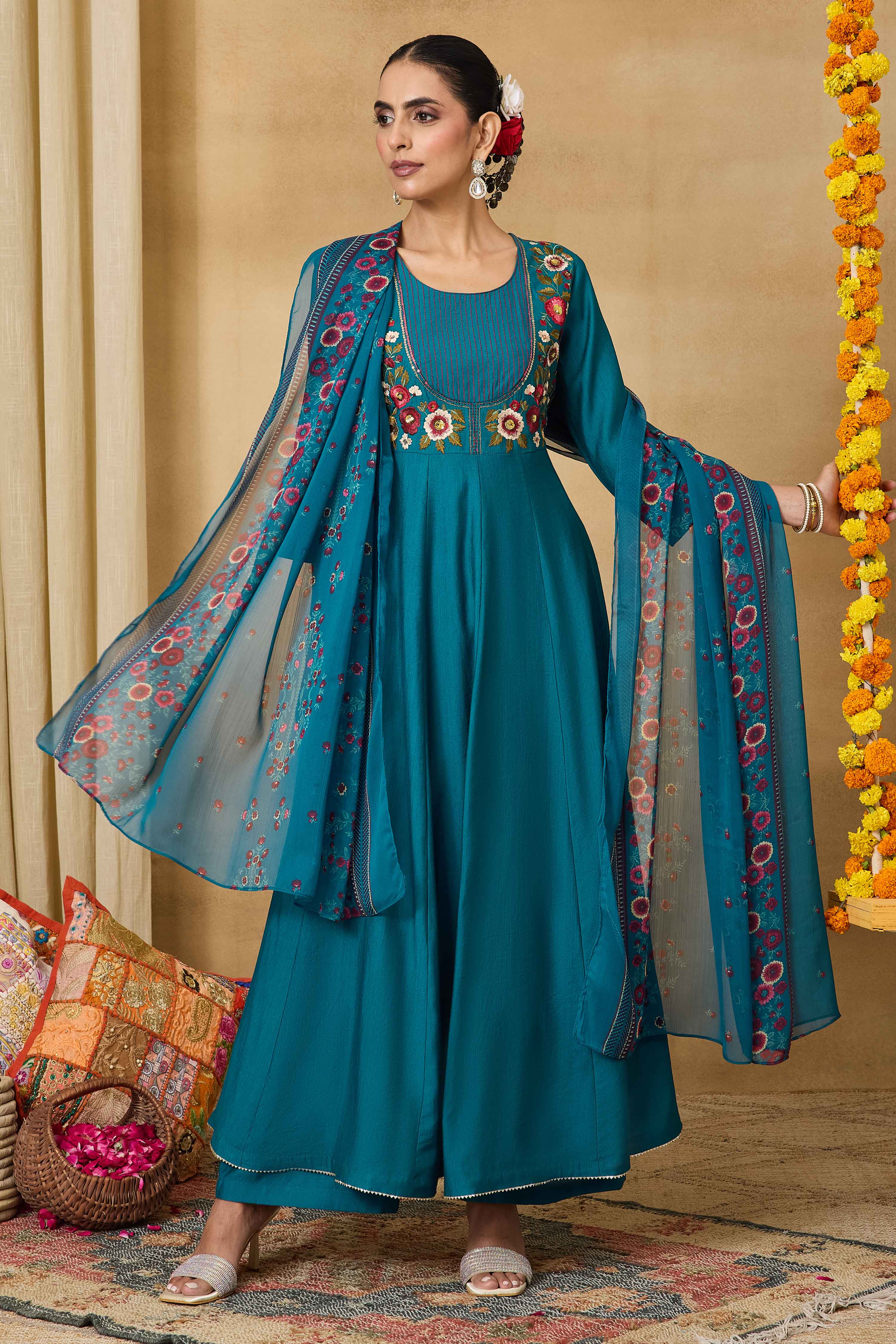 Teal Viscose Blend Kalidar Solid Suit Set image number 7