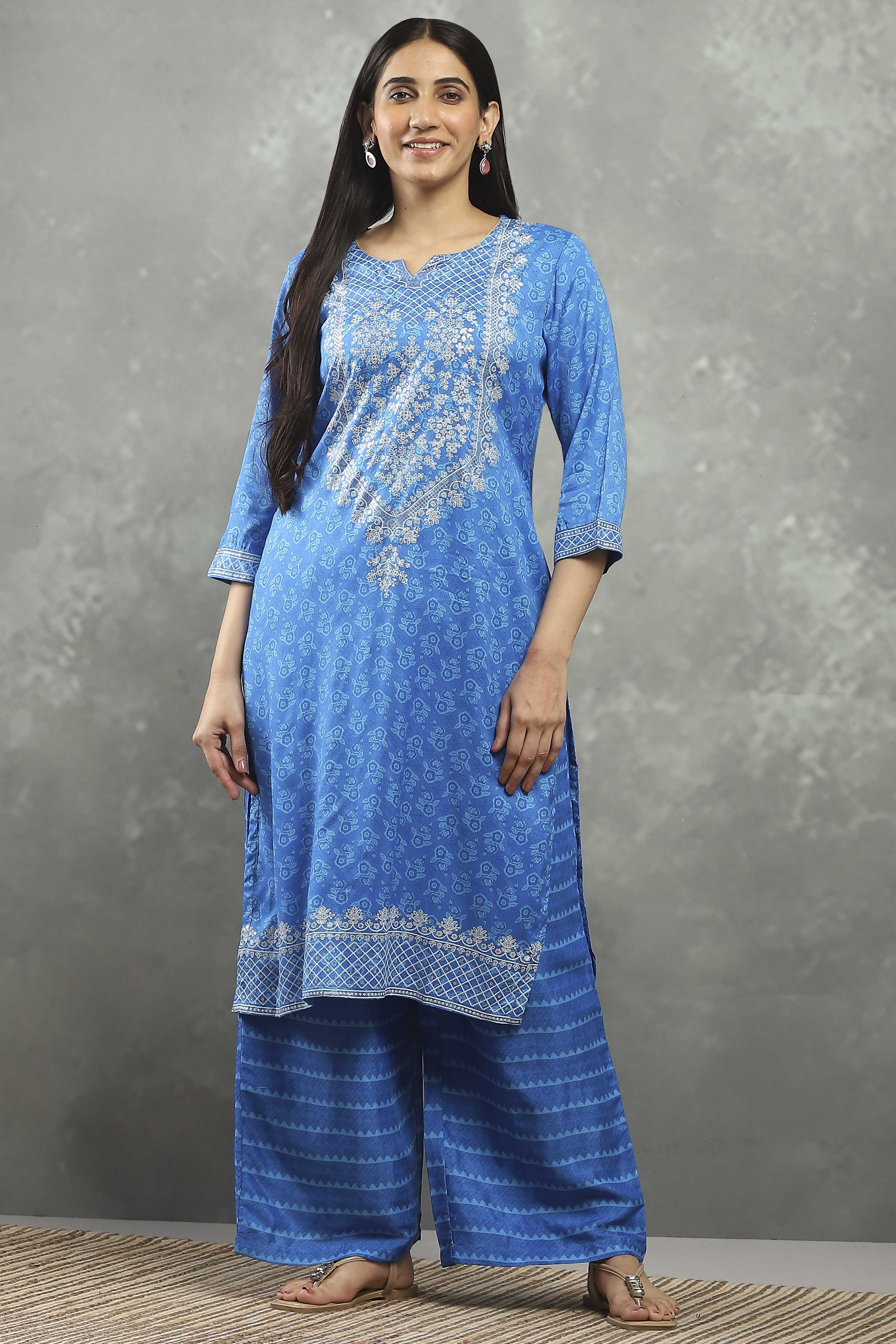 Blue Viscose Straight Kurta Pants Set image number 6