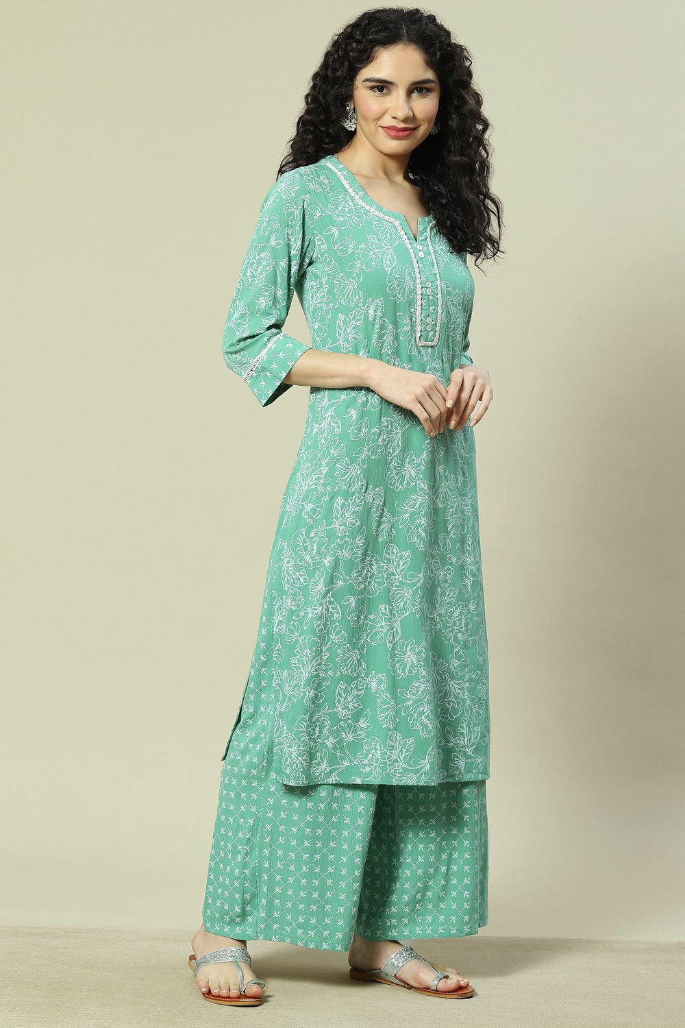 Green LIVA Woven Straight Kurta Suit Set image number 5