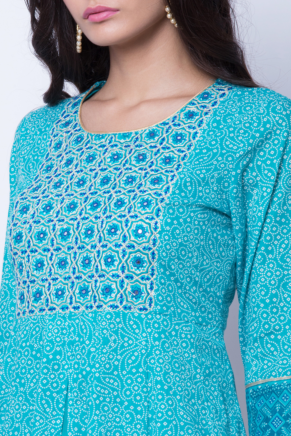 Turquoise Cotton Kalidar Kurta image number 1
