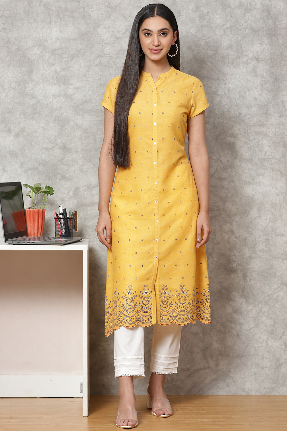 Mustard Art Silk Straight Kurta image number 0