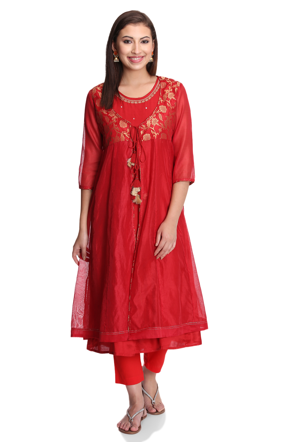 Red Kalidar Poly Cotton Kurta image number 0