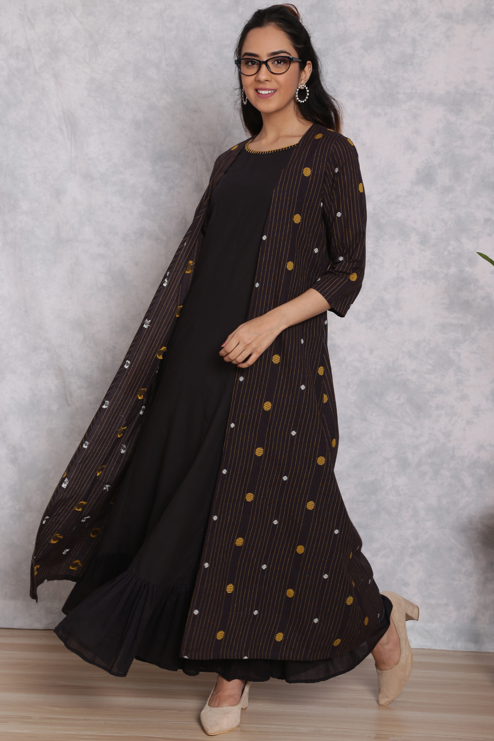 Black Cotton Front Open Dress image number 3