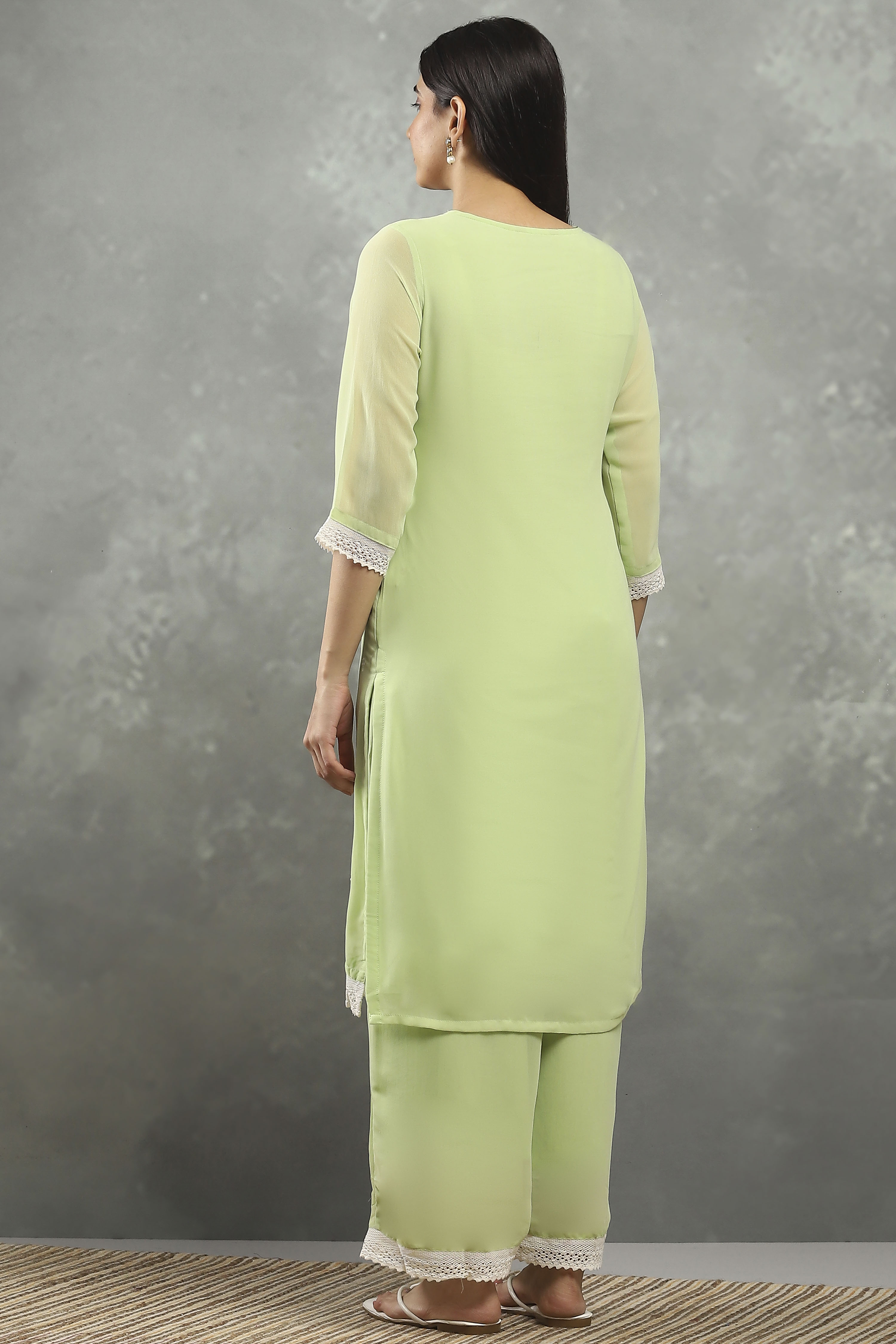 Green Polyester Straight Kurta Pants Set image number 5