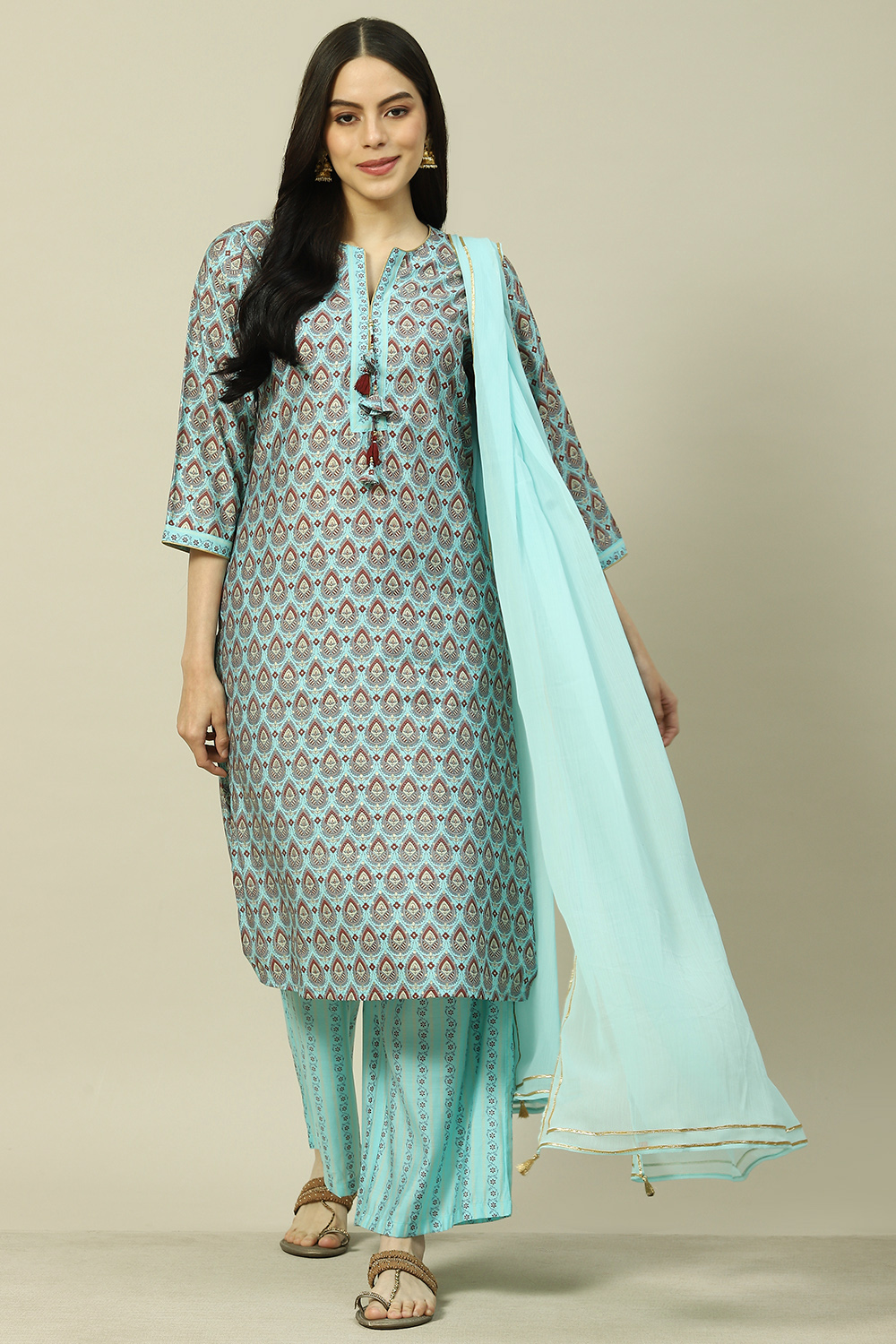 Light Blue Cotton Blend Woven Straight Kurta Suit Set image number 7