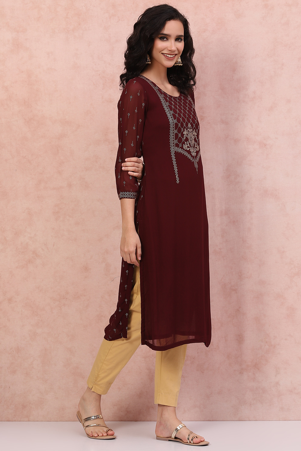 Brown Art Silk Straight Kurta image number 3