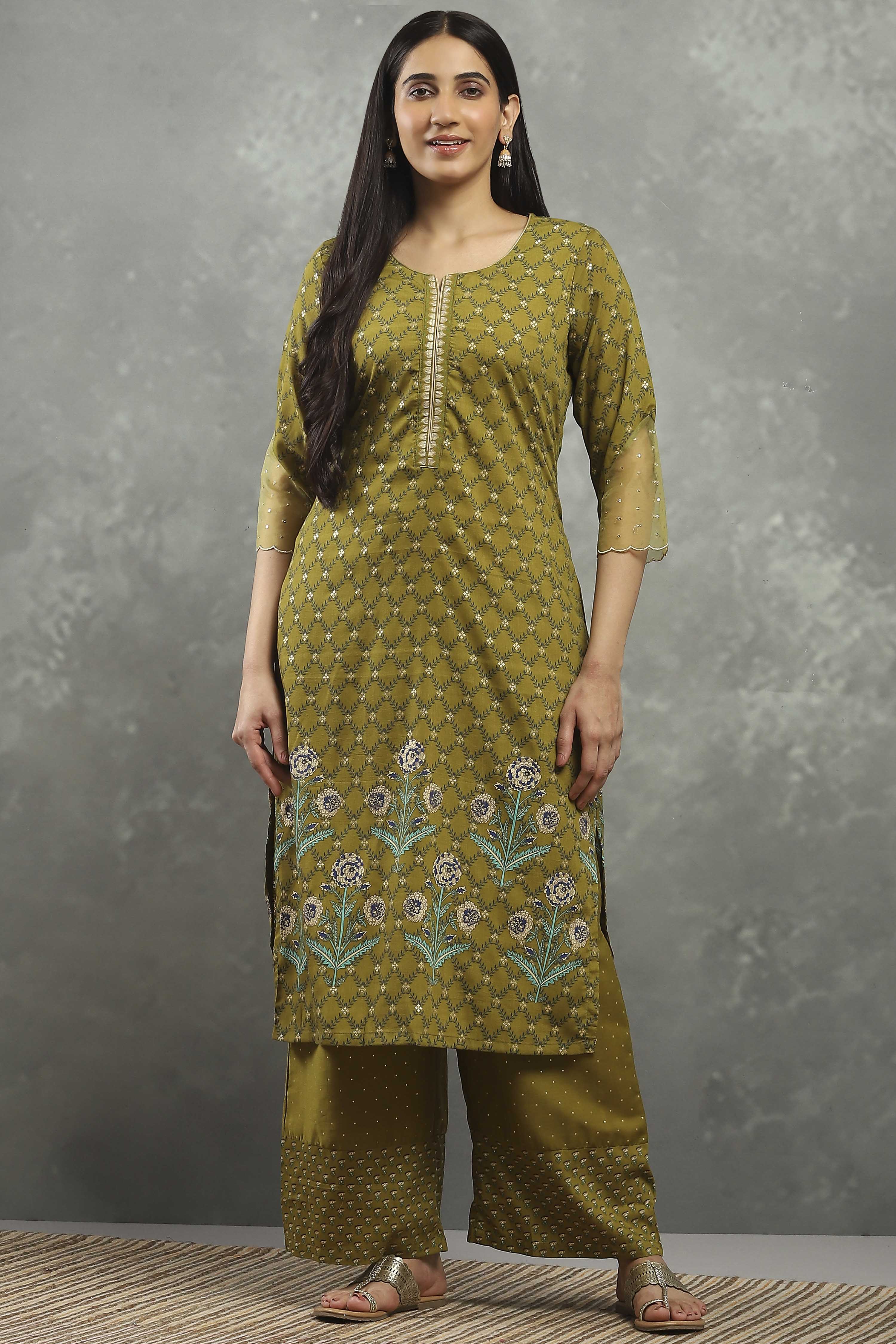 Green Polyester Straight Kurta Pants Set image number 6